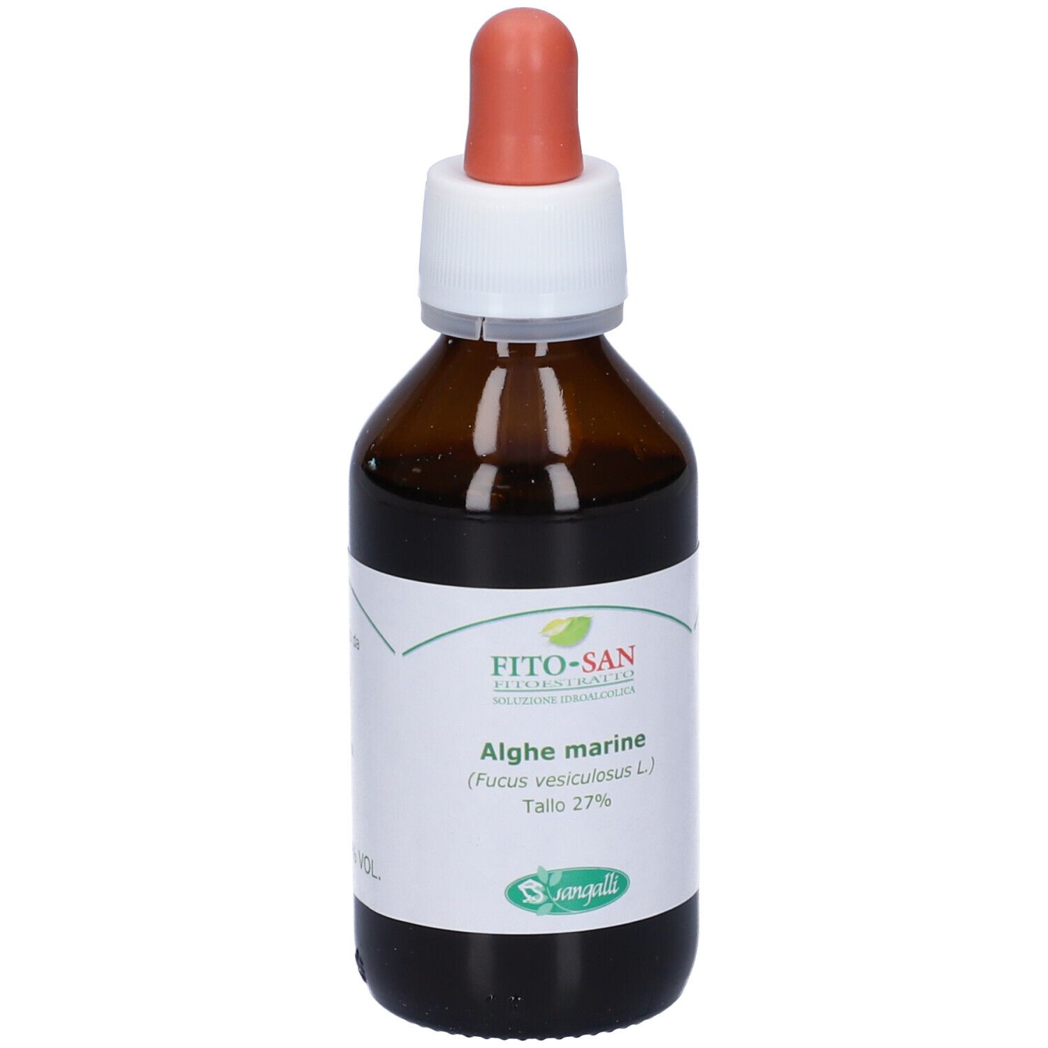 Flacone di vetro marrone con contagocce. Etichetta con testo e logo. Contagocce rosso. Flacone pieno.