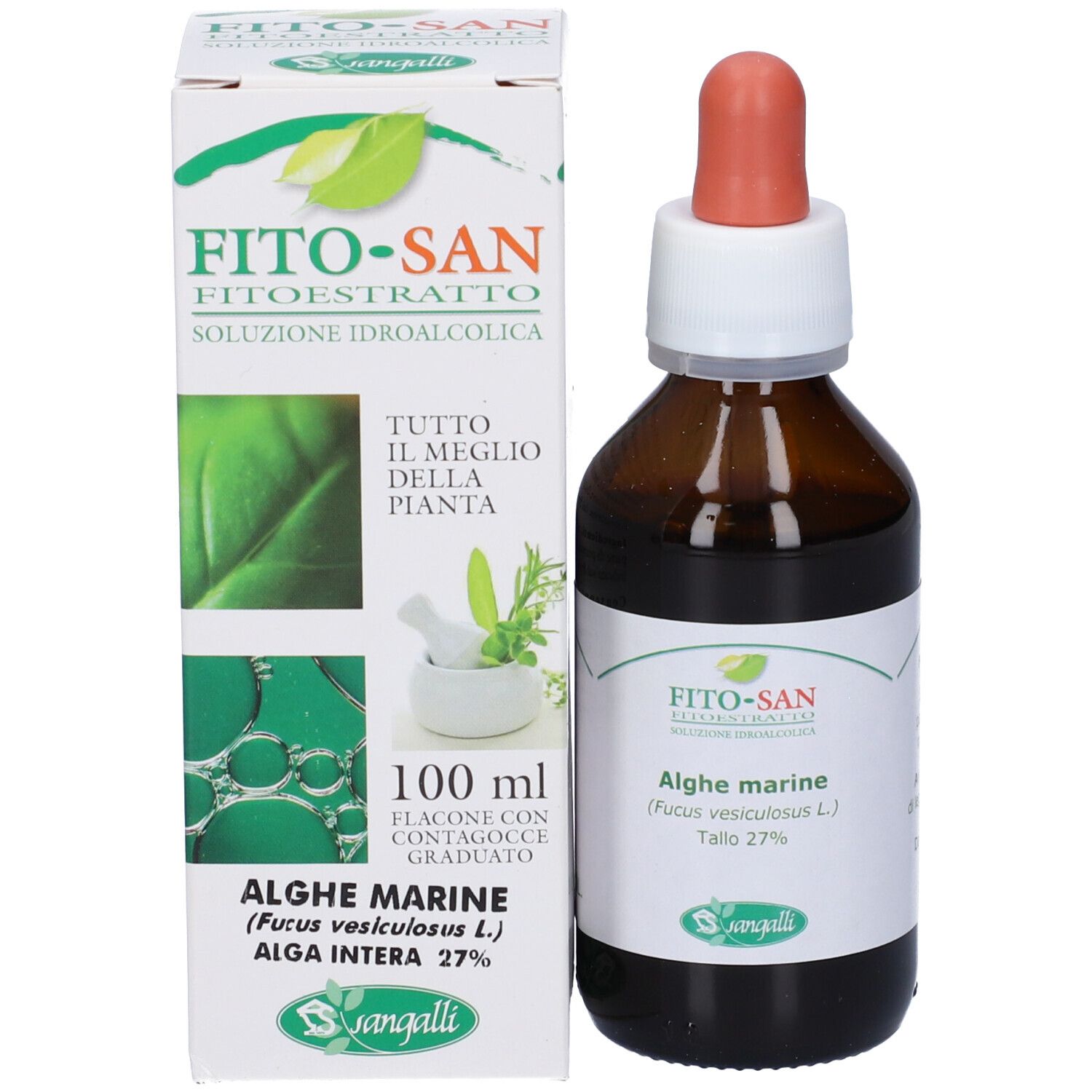 Confezione del prodotto con flacone e contagocce. Flacone con liquido. Testo e logo sulla confezione e sul flacone.