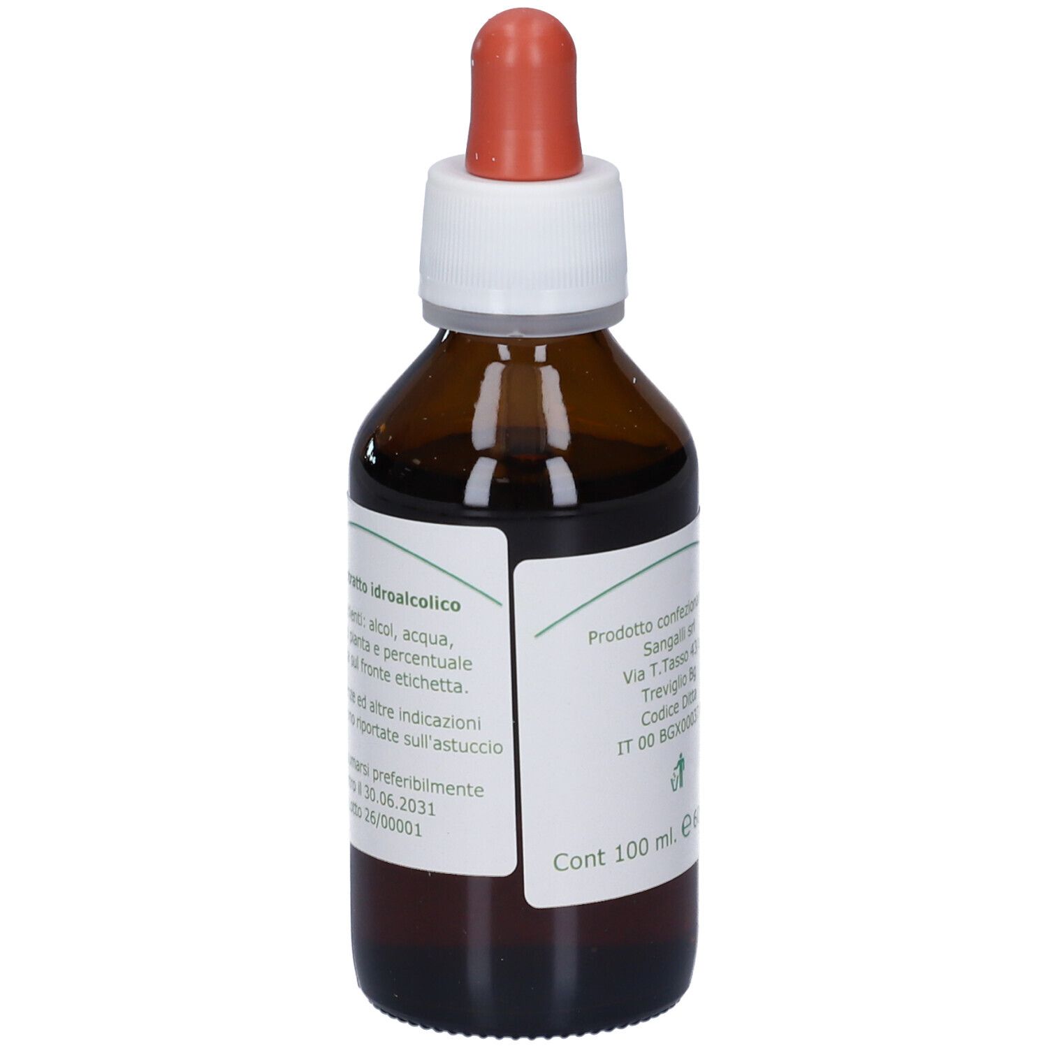 Flacone in vetro marrone con tappo contagocce, riempito di liquido scuro. Etichetta con informazioni sul prodotto.