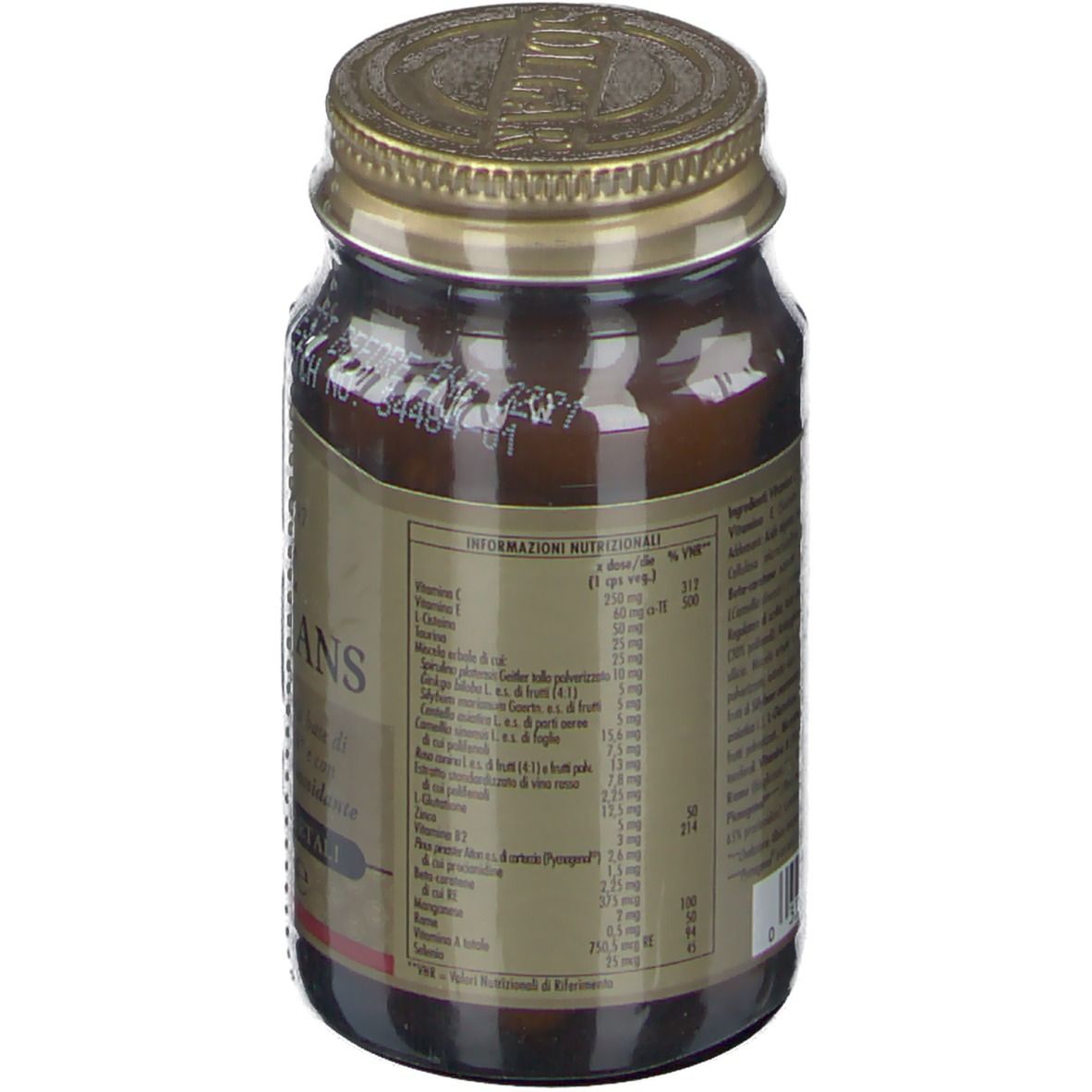 Retro di un flacone di vetro marrone. Etichetta con informazioni nutrizionali e ingredienti.