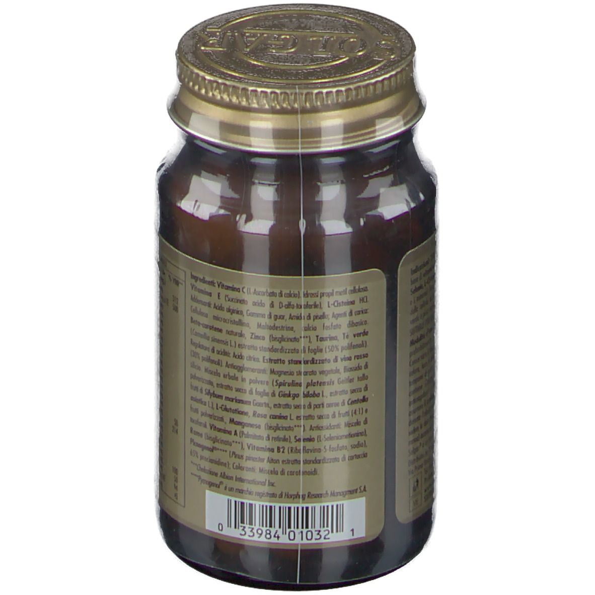 Retro di un flacone di vetro marrone. Etichetta con ingredienti e codice a barre.