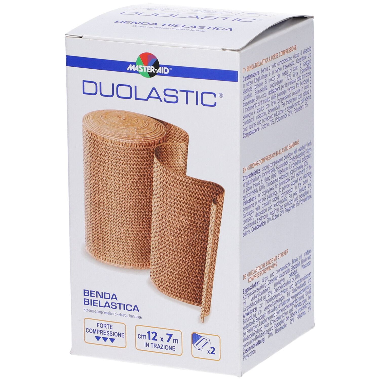 Confezione di benda elastica. Marchio Master Aid, nome Duolastic. Benda 12cm x 7m. Forte compressione.