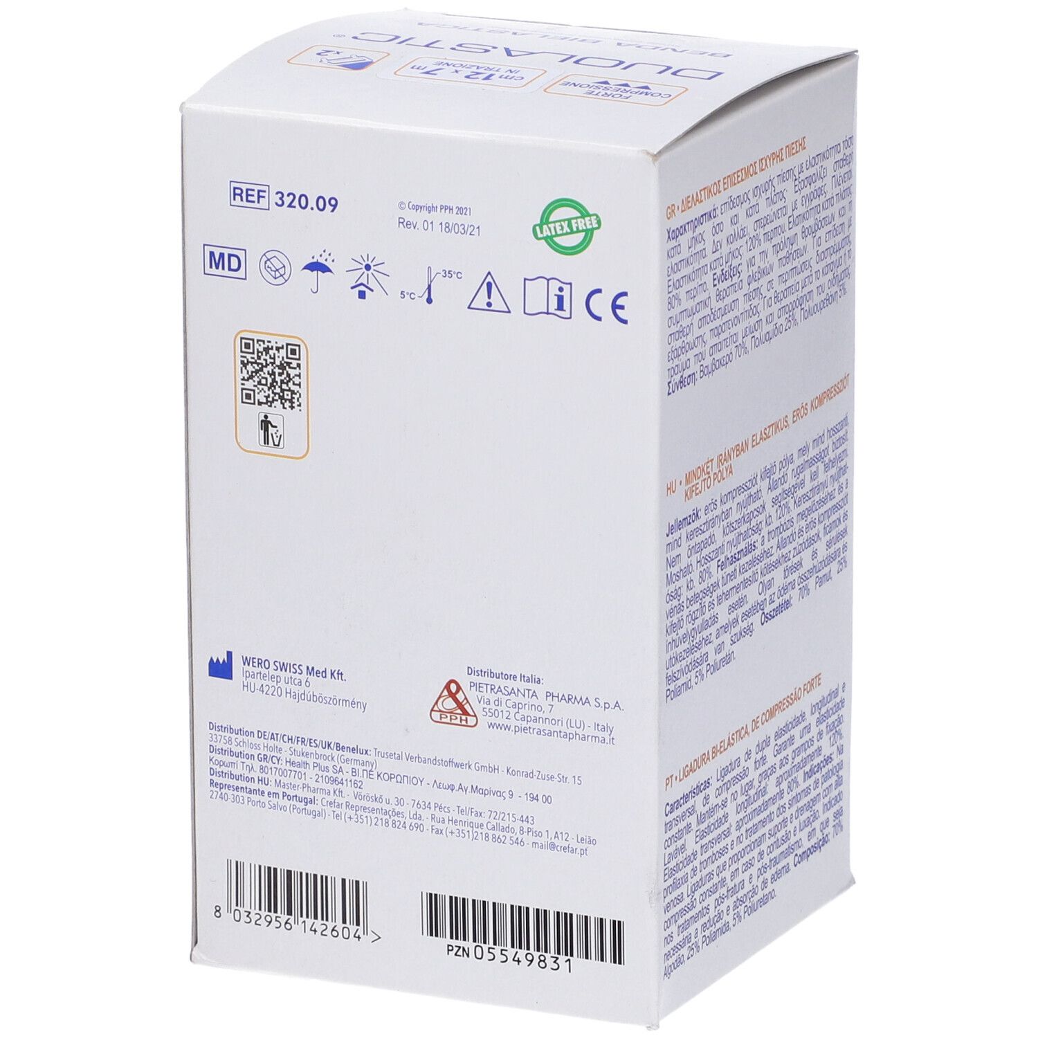 Retro della confezione con testo. Marchio Master Aid, nome Duolastic. Dispositivo medico. Marchio CE.