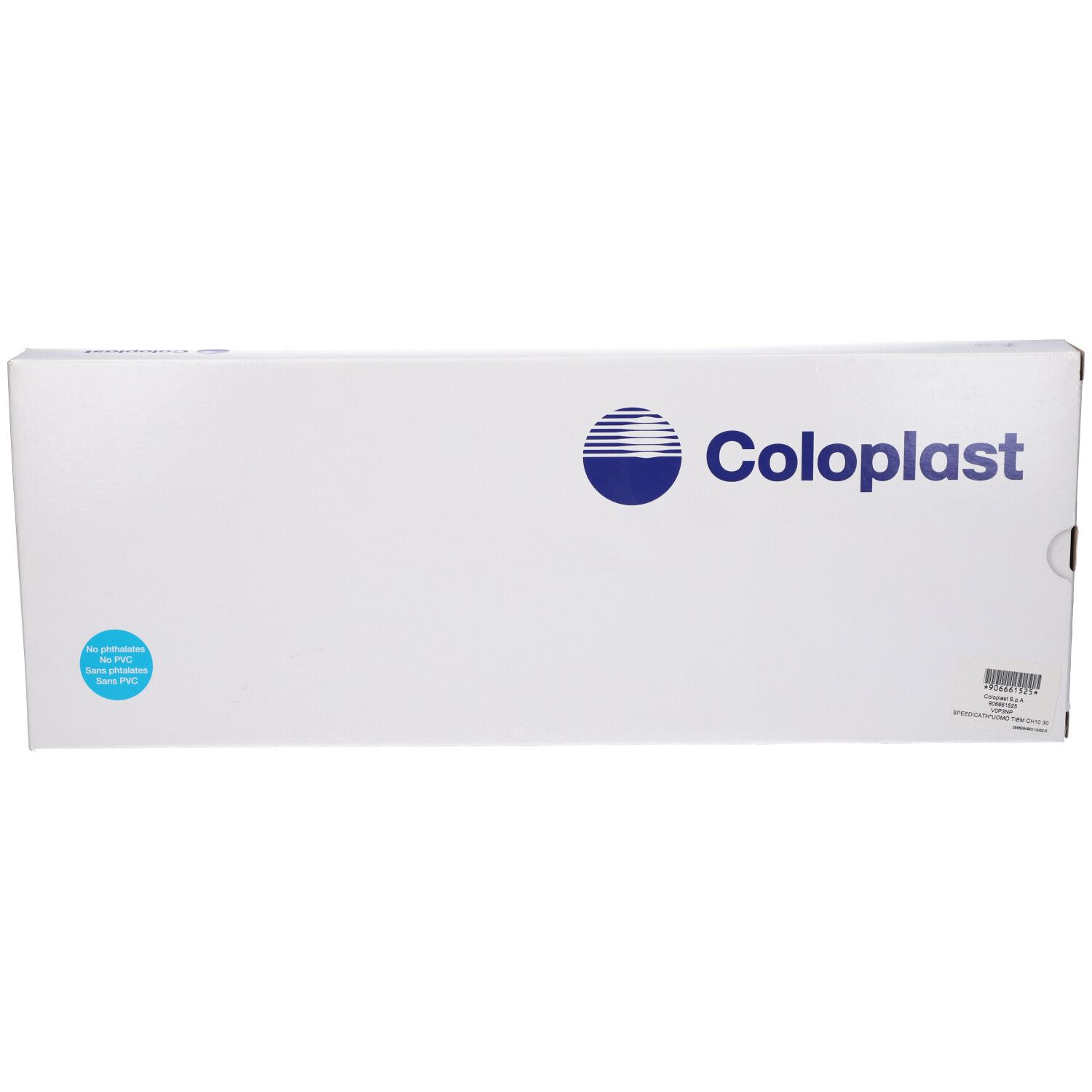 Confezione bianca con logo Coloplast. Sulla confezione sono visibili un logo blu e la scritta Coloplast.