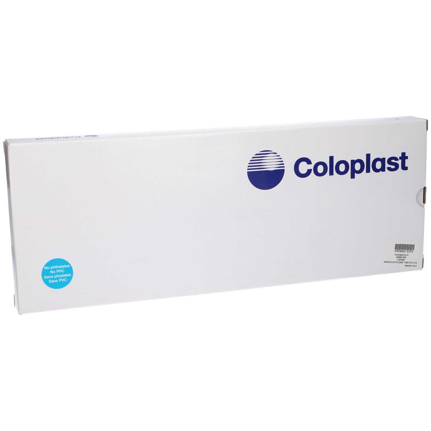 Confezione bianca con logo Coloplast. Sulla confezione sono visibili un logo blu e la scritta Coloplast.