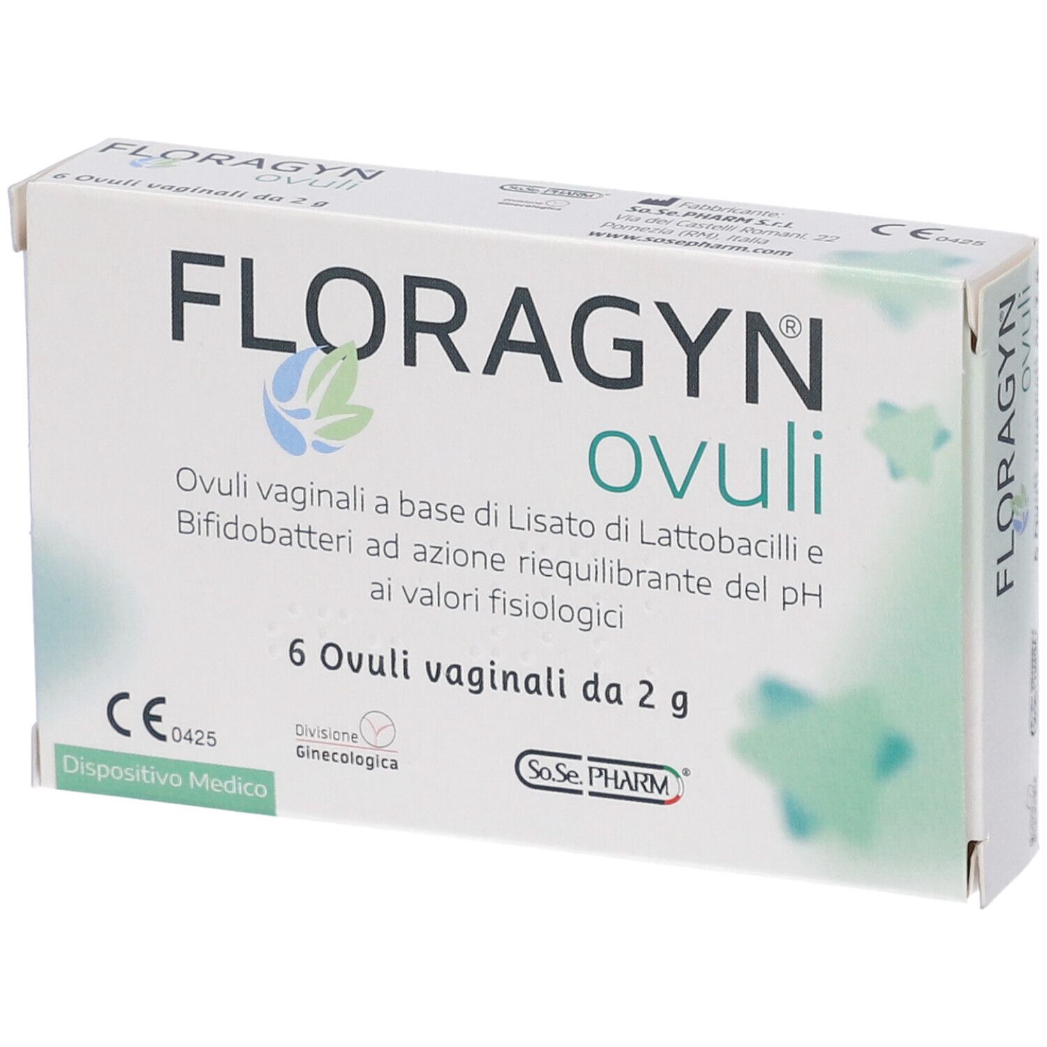 Scatola Floragyn Ovuli. 6 ovuli vaginali. Dispositivo medico. Stampa con logo.