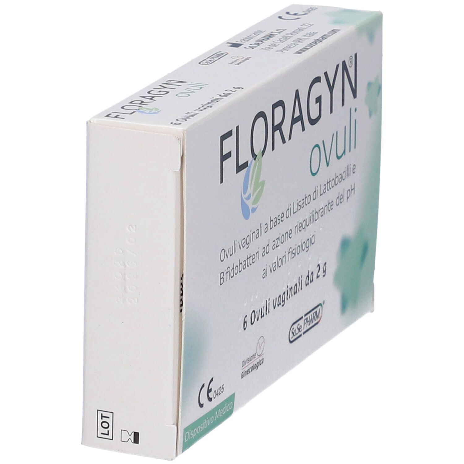 Scatola Floragyn Ovuli. 6 ovuli vaginali. Dispositivo medico. Vista prospettica.