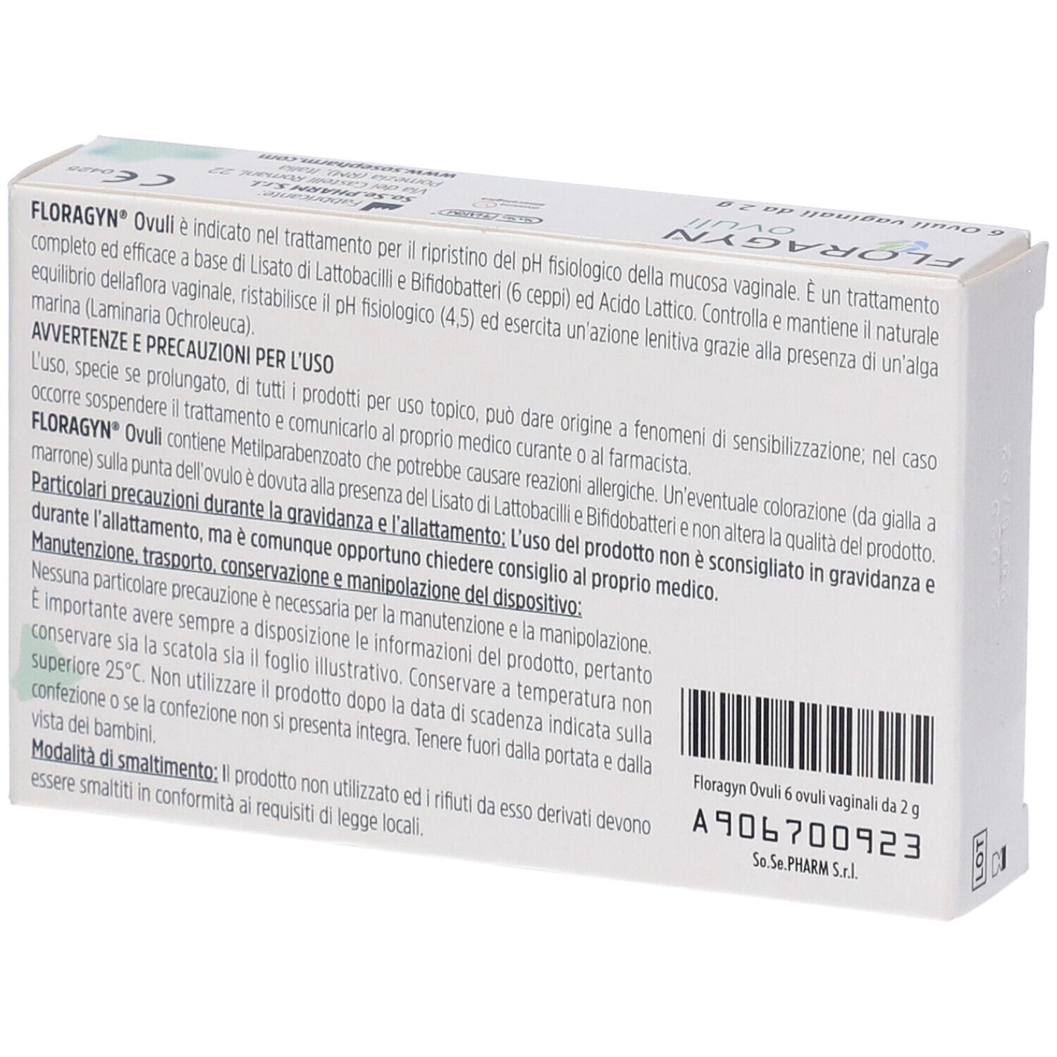 Retro scatola Floragyn Ovuli. Informazioni testuali. Dispositivo medico.