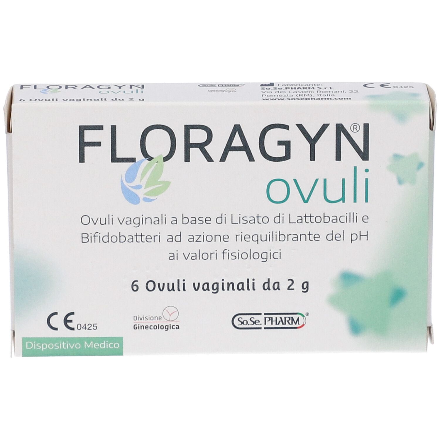 Scatola Floragyn Ovuli. 6 ovuli vaginali. Dispositivo medico. Stampa con logo.