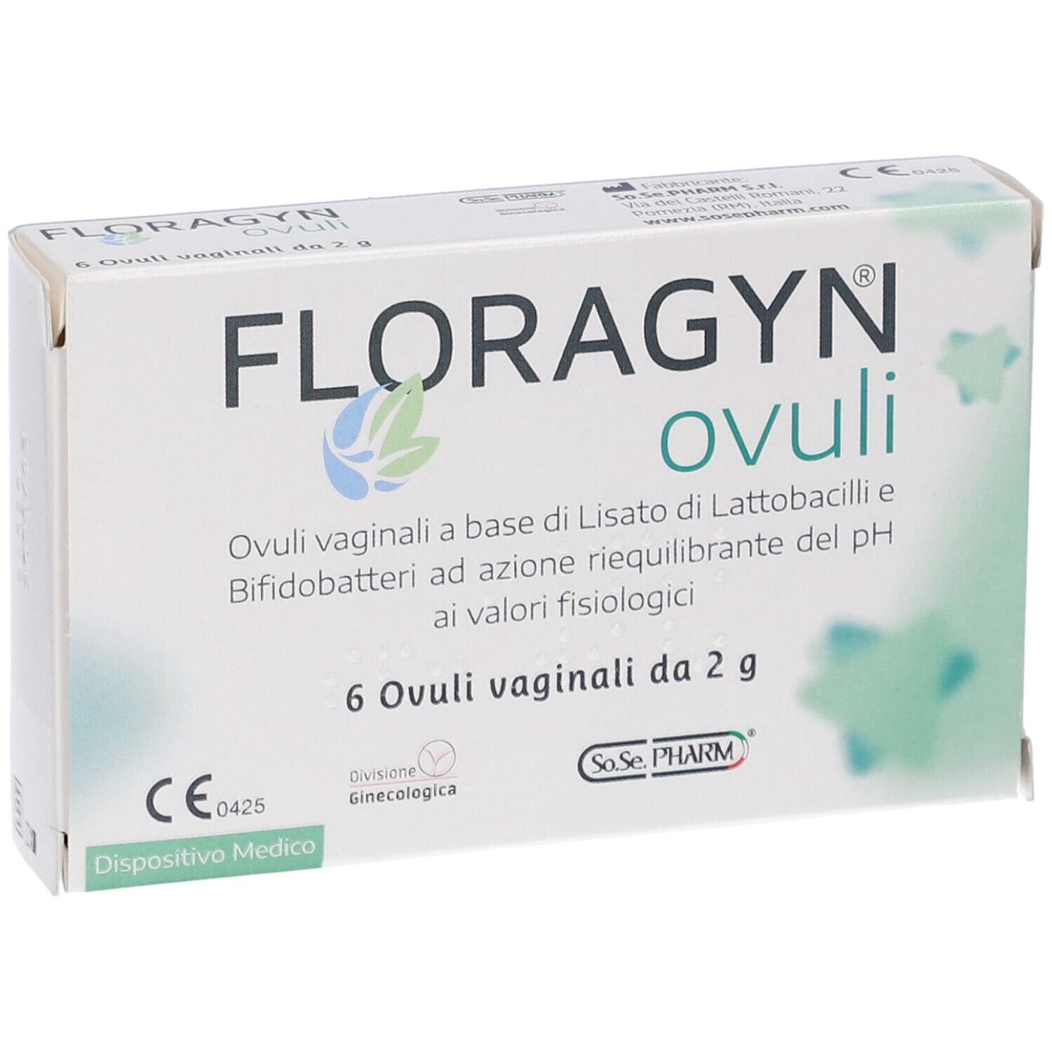 Scatola Floragyn Ovuli. 6 ovuli vaginali. Dispositivo medico. Stampa con logo.
