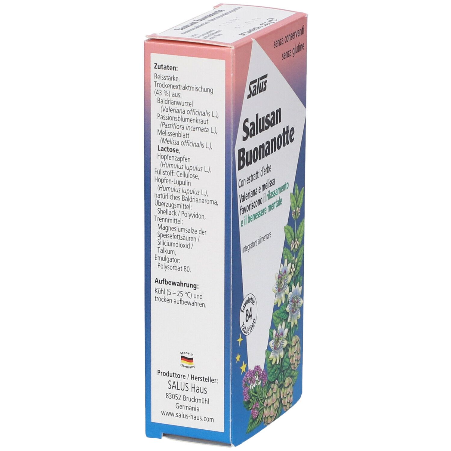 Vista laterale della scatola Saluz Salusan Buonanotte. Lista ingredienti, istruzioni di conservazione e informazioni produttore visibili.