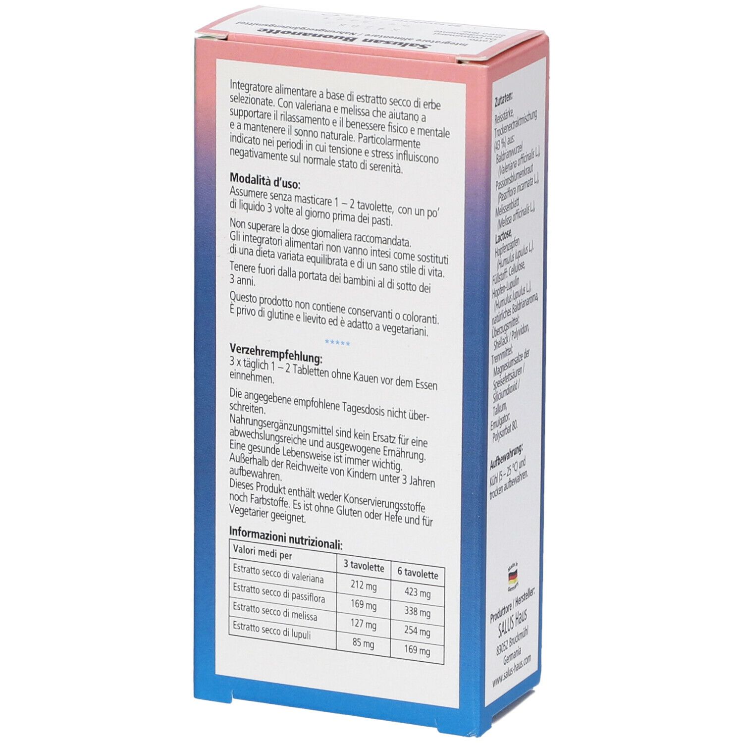 Retro della scatola Saluz Salusan Buonanotte. Informazioni sull'uso, valori nutrizionali e avvertenze visibili.