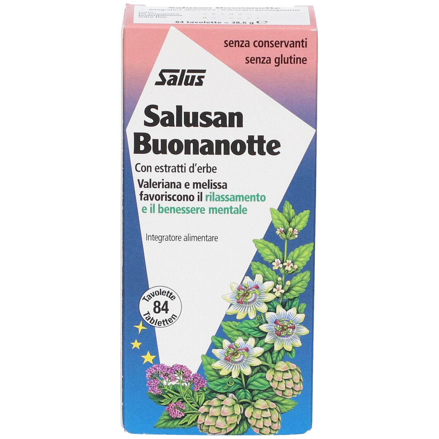 Vista frontale della scatola Saluz Salusan Buonanotte. Nome del prodotto, ingredienti e numero di compresse visibili.