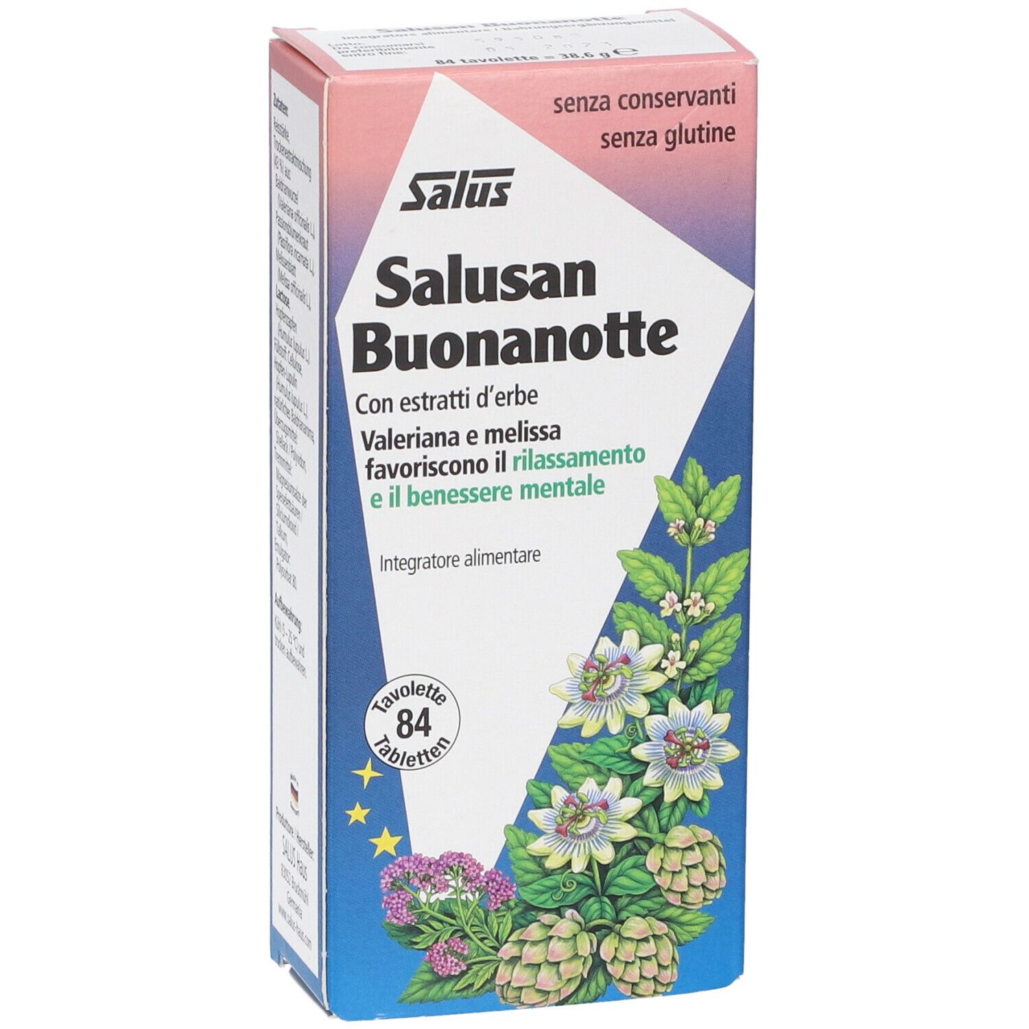 Vista frontale della scatola Saluz Salusan Buonanotte. Nome del prodotto, ingredienti e numero di compresse visibili.