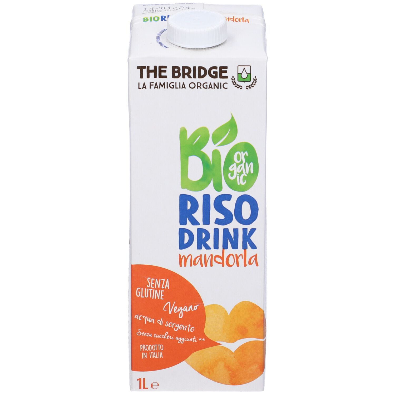 Confezione bianca con testo. Scritto: Bio Riso Drink Mandorla, senza glutine, vegano. Prodotto in Italia. 1 litro.