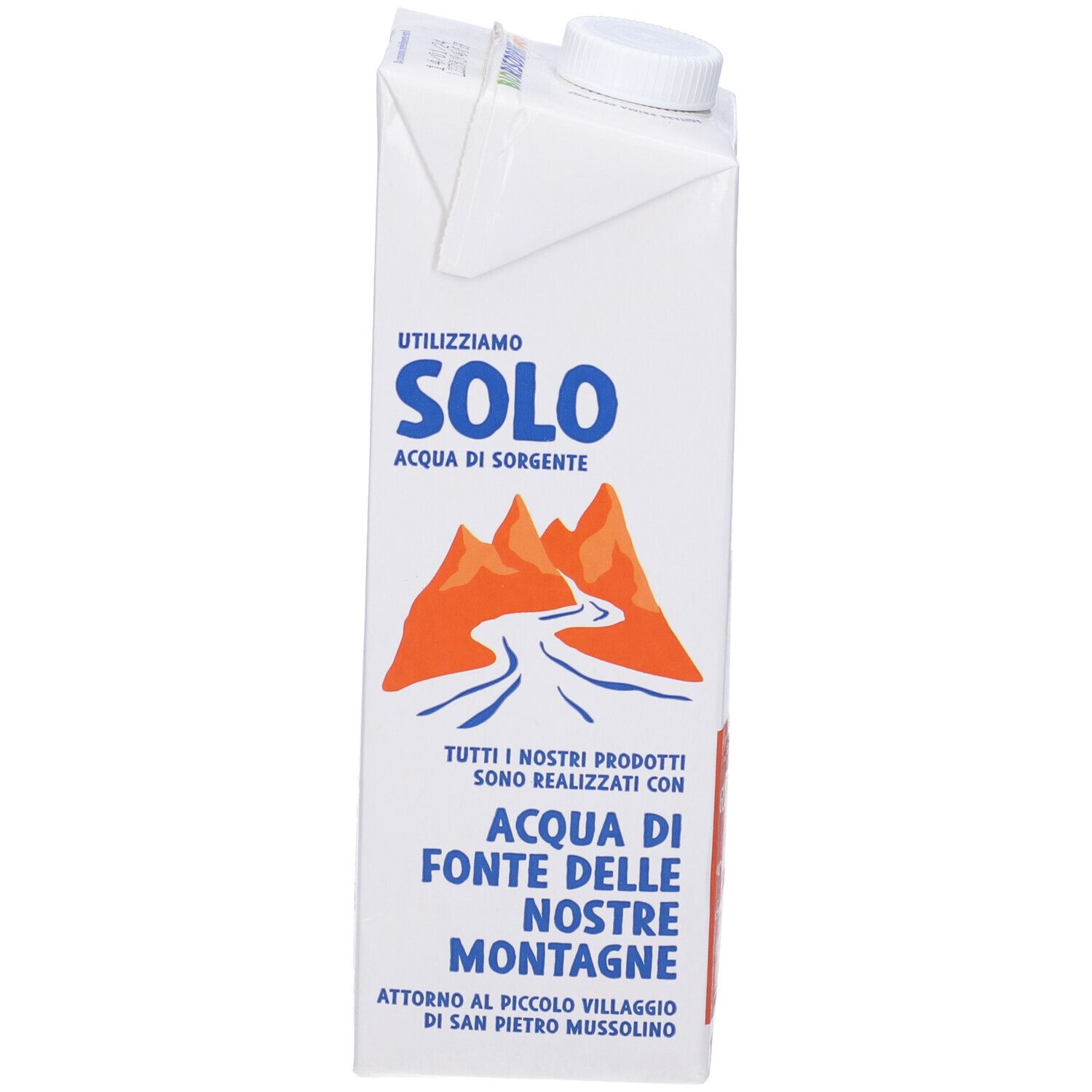 Confezione bianca con testo. Scritto: Solo, Acqua di Sorgente. Montagne e fiume. Testo sull'acqua di montagna. 1 litro.