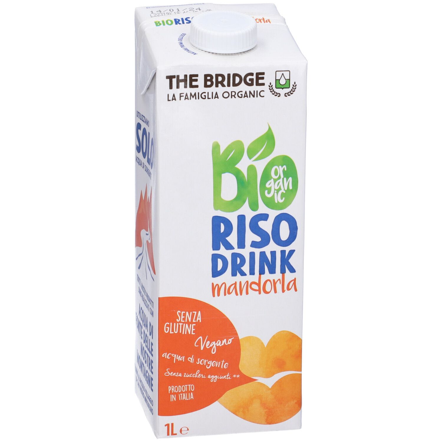 Confezione bianca con testo. Scritto: Bio Riso Drink Mandorla, senza glutine, vegano. Prodotto in Italia. 1 litro.