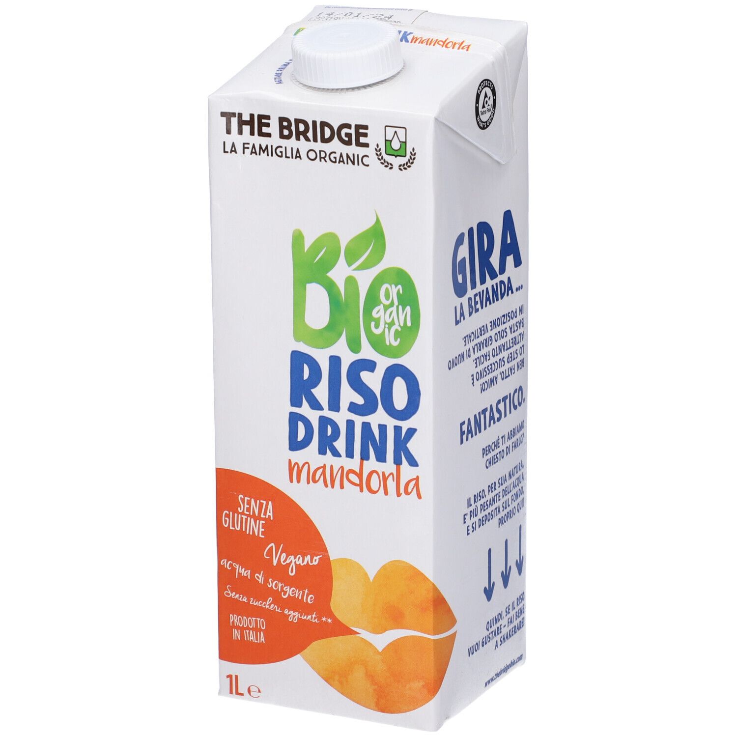 Confezione bianca con testo. Scritto: Bio Riso Drink Mandorla, senza glutine, vegano. Prodotto in Italia. 1 litro. Testo.