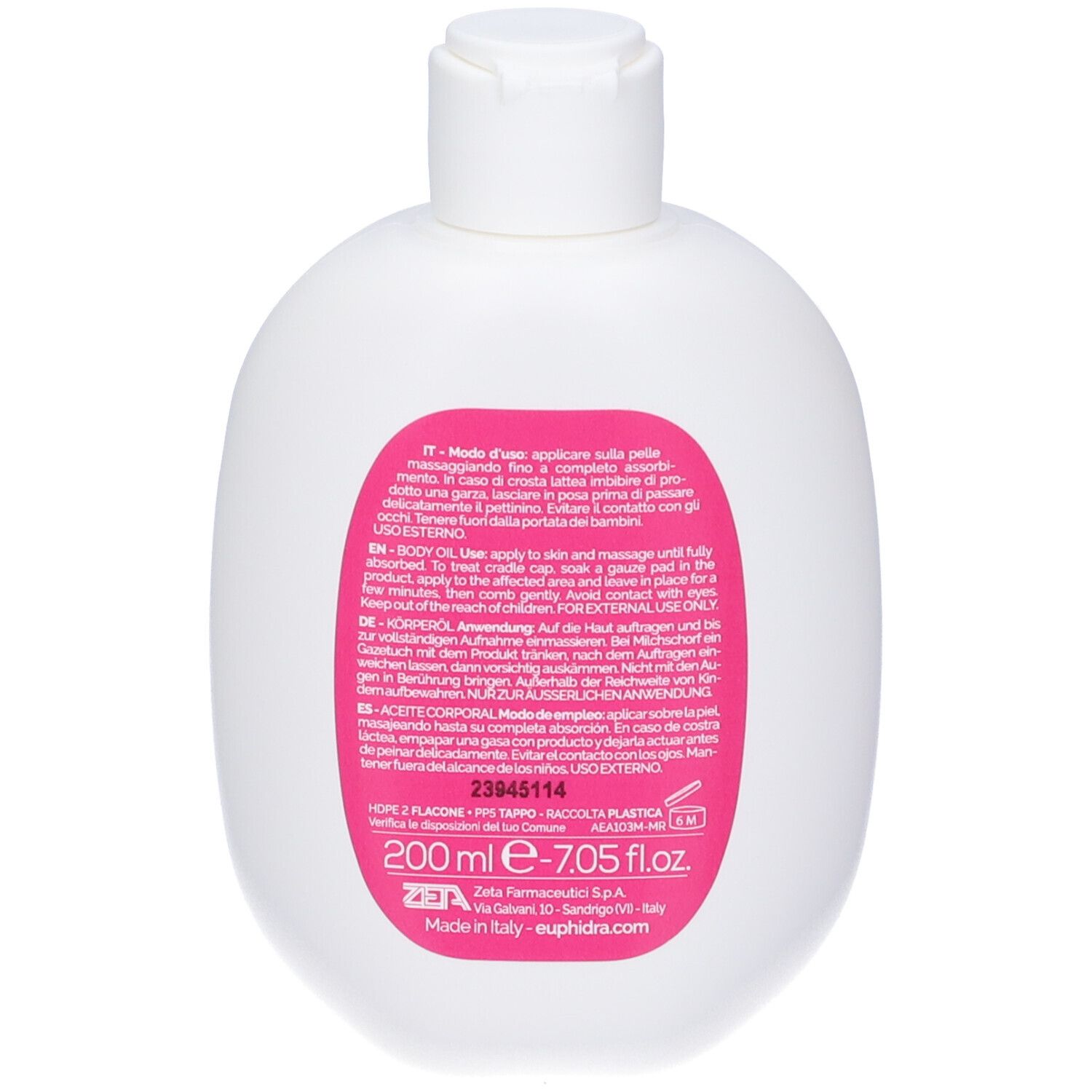 Flacone bianco, vista laterale. Etichetta rosa visibile. Contiene Euphidra AmidoMio Olio Corpo. Tappo in alto.