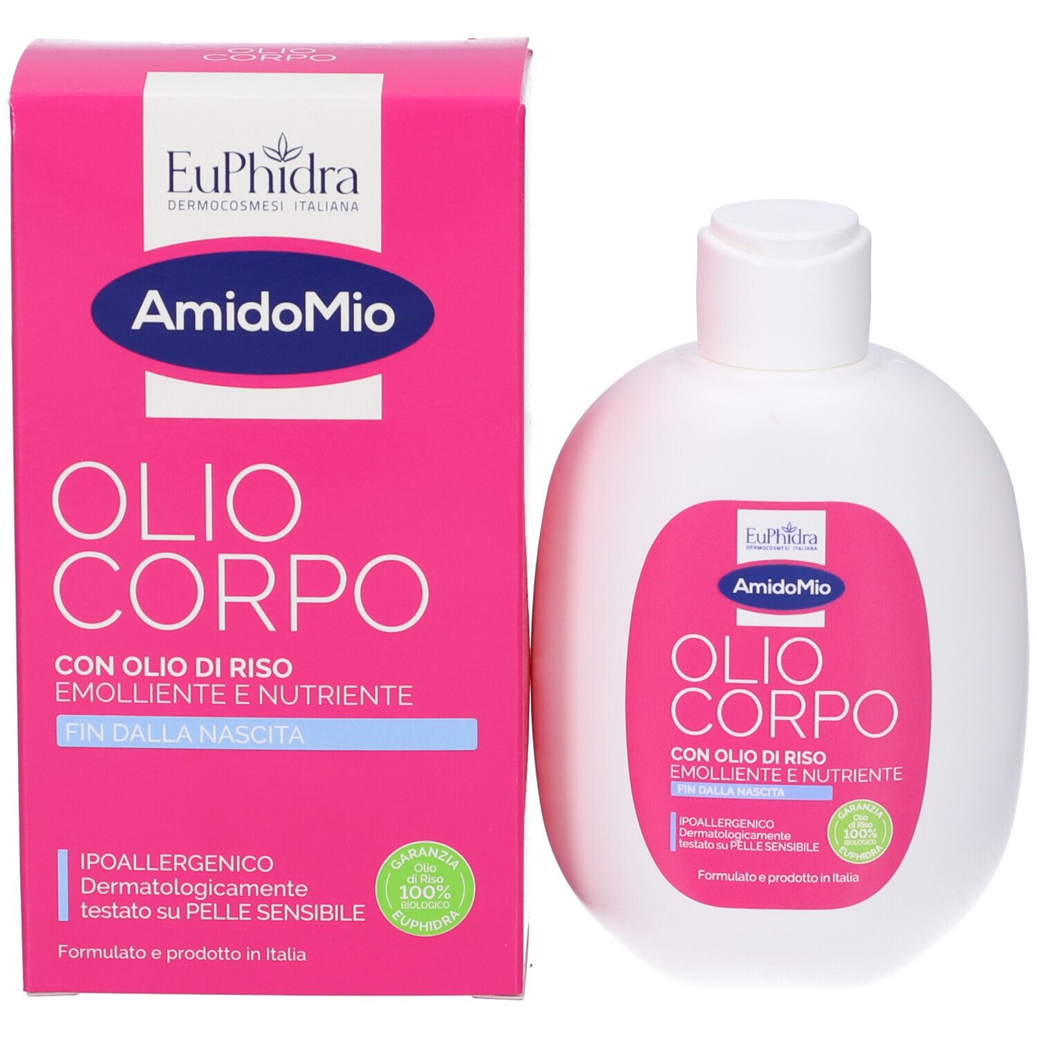 Retro del flacone bianco. Etichetta rosa con testo. Contiene Euphidra AmidoMio Olio Corpo. 200 ml.