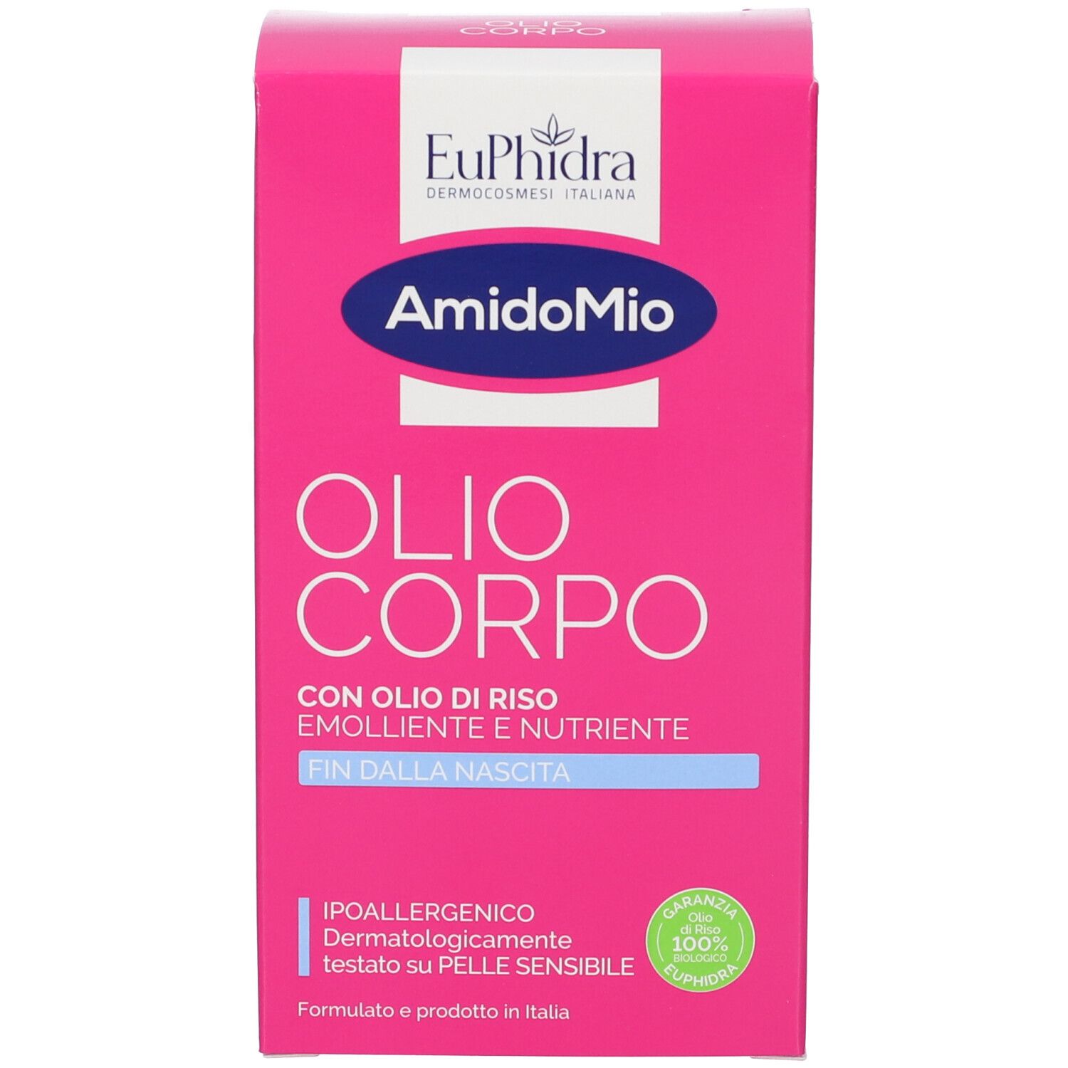 Flacone bianco, vista laterale. Etichetta rosa visibile. Contiene Euphidra AmidoMio Olio Corpo. Tappo in alto.