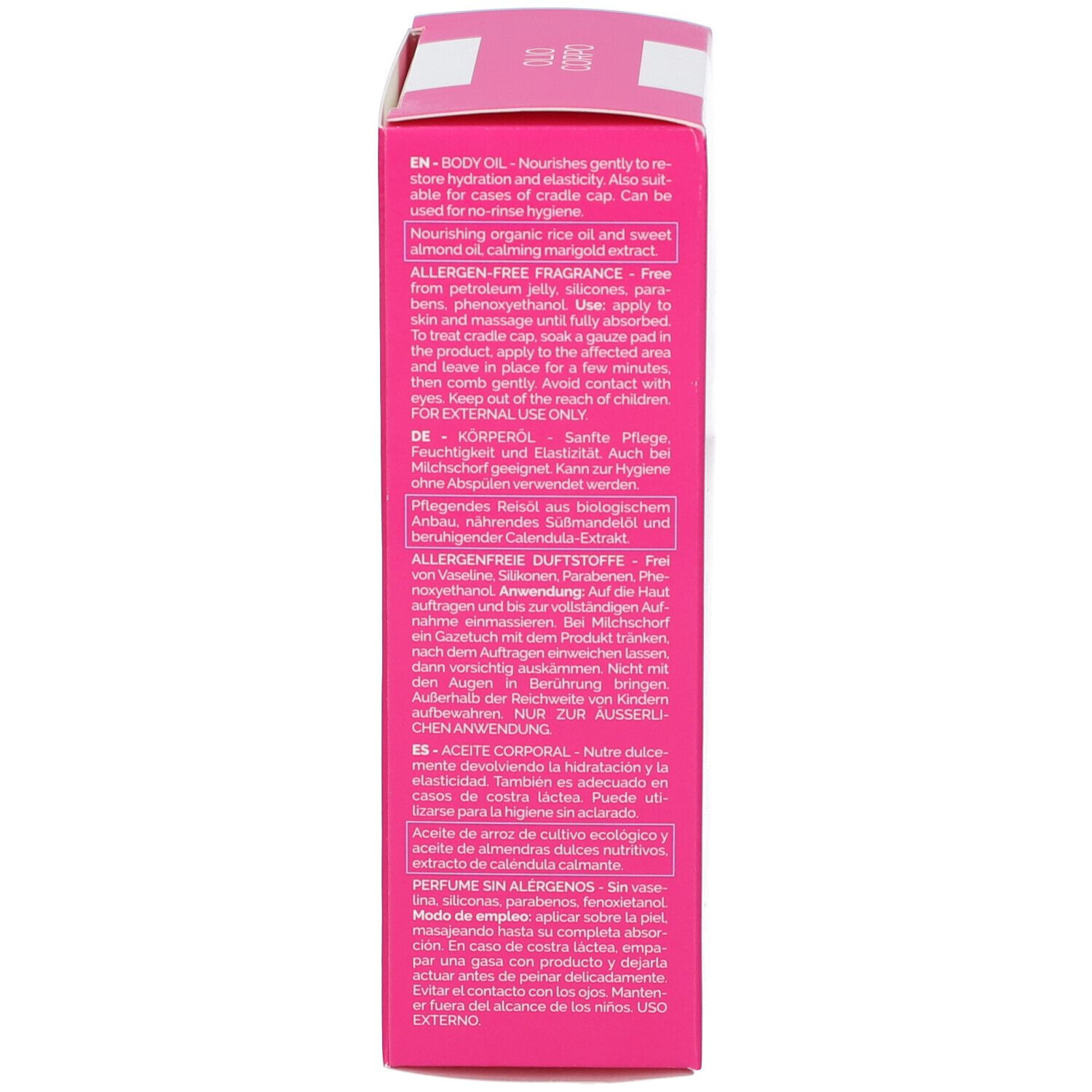 Scatola rosa con testo. Contiene Euphidra AmidoMio Olio Corpo. Testo: Body Oil, per pelli sensibili. Istruzioni per l'uso.