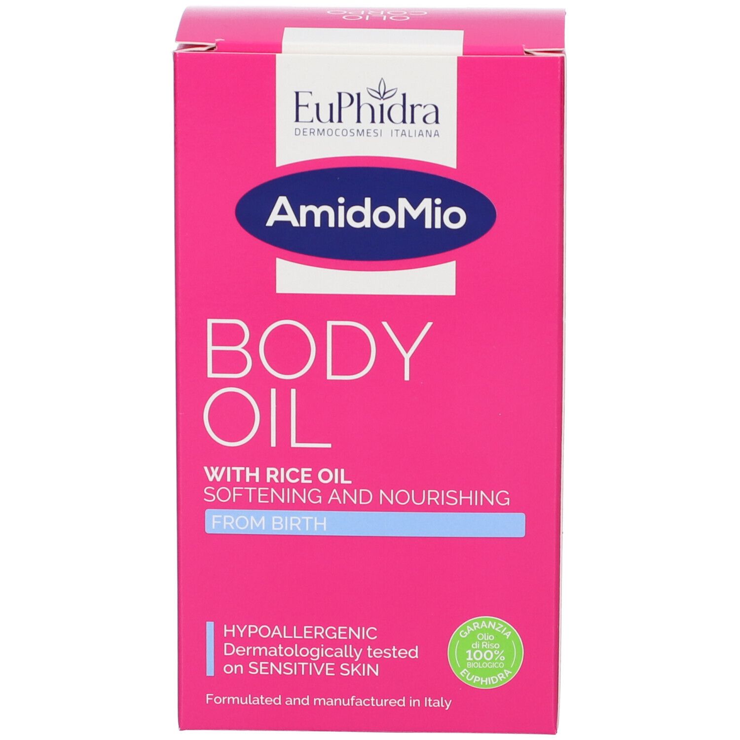 Scatola rosa con testo. Contiene Euphidra AmidoMio Olio Corpo. Testo: Body Oil, con olio di riso. Ipoallergenico.