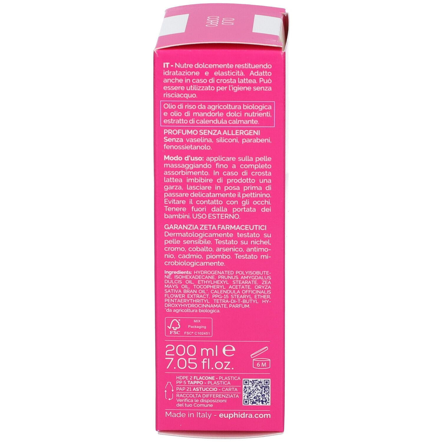 Flacone e scatola Euphidra AmidoMio Olio Corpo. Flacone: 200 ml. Scatola: rosa, testo.