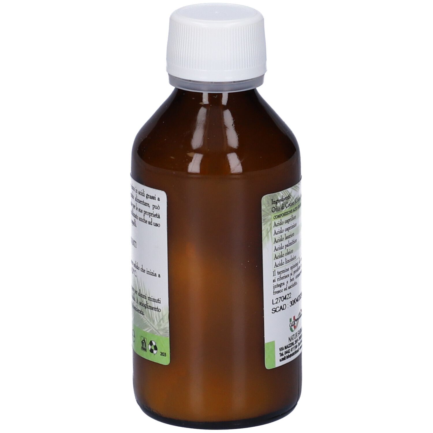 Bottiglia marrone con tappo bianco. Etichetta con testo e fascia verde. Simbolo di riciclo.