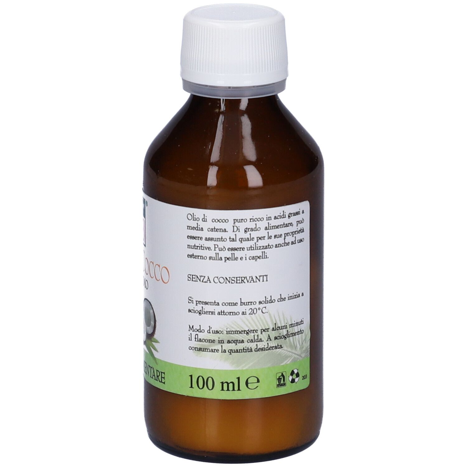 Bottiglia marrone con tappo bianco. Etichetta con testo, illustrazione cocco e '100 ml'.