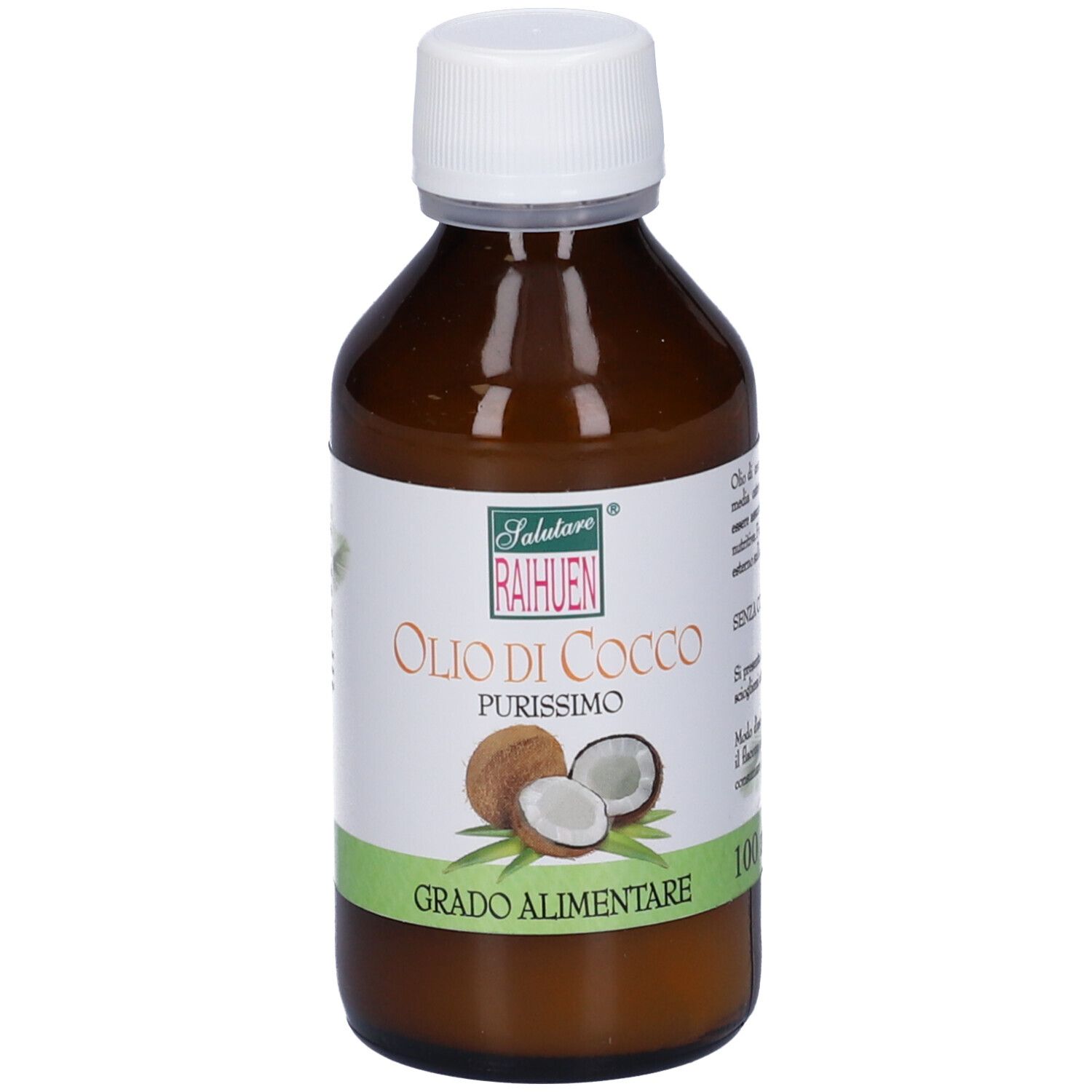 Bottiglia marrone con tappo bianco. Etichetta con testo, illustrazione cocco e 'Grado Alimentare'.