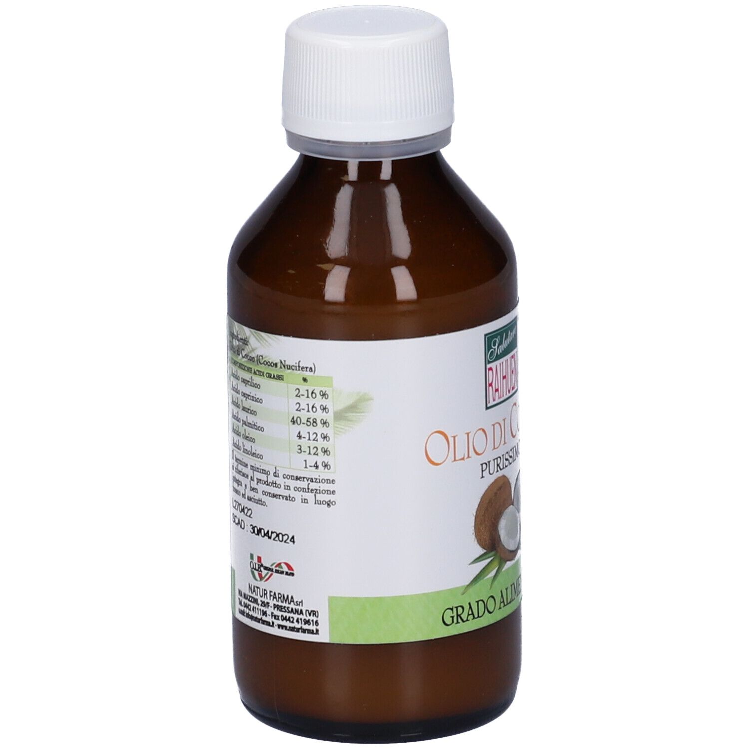 Bottiglia marrone con tappo bianco. Etichetta con ingredienti e testo. Logo Natur Farma.