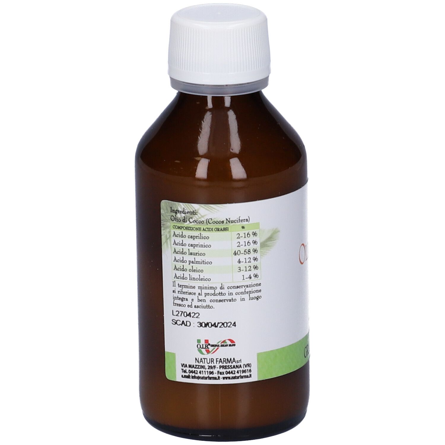 Bottiglia marrone con tappo bianco. Etichetta con ingredienti e testo. Logo Natur Farma.