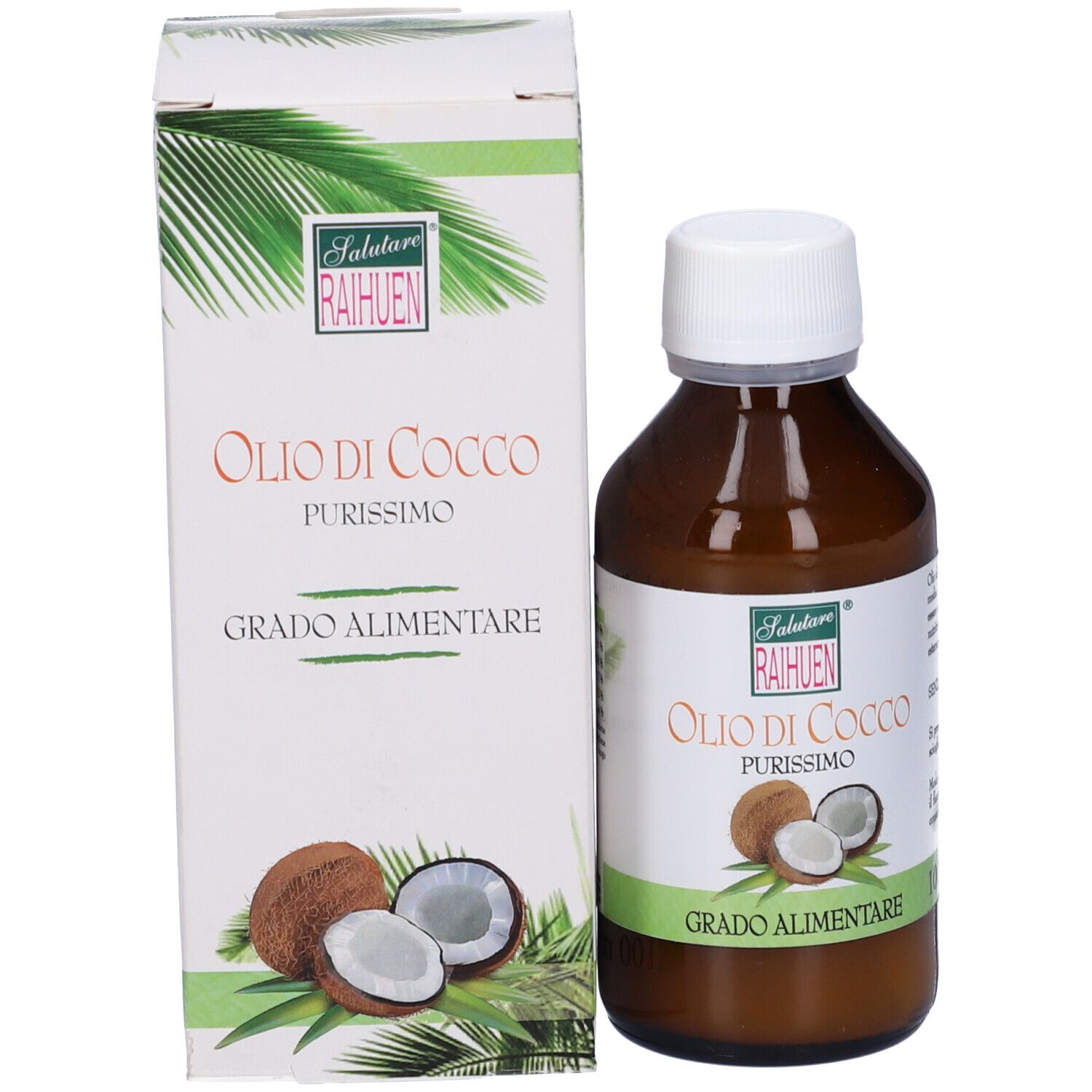 Confezione prodotto con bottiglia e scatola. Bottiglia con tappo bianco. Scatola con testo e illustrazione cocco.