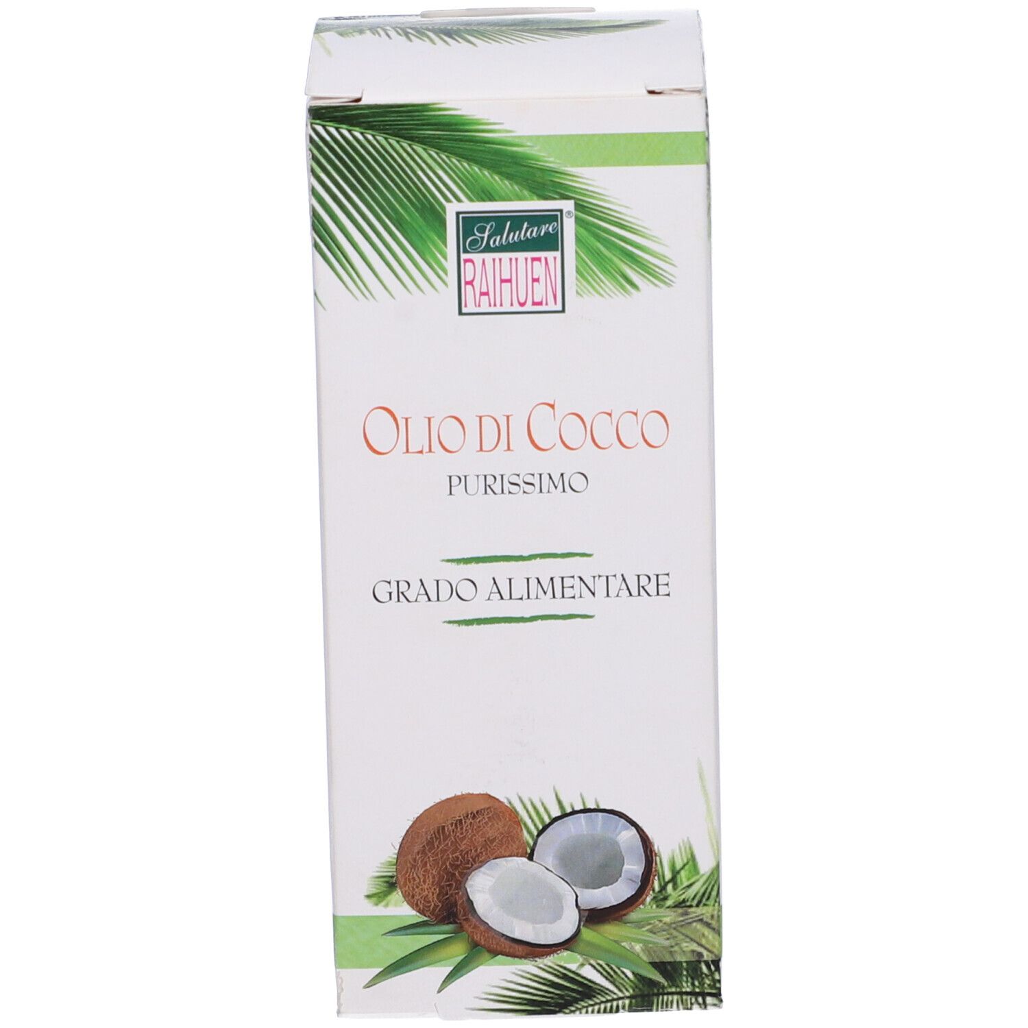Confezione bianca con testo, illustrazione cocco e fascia verde. Logo Raihuen.