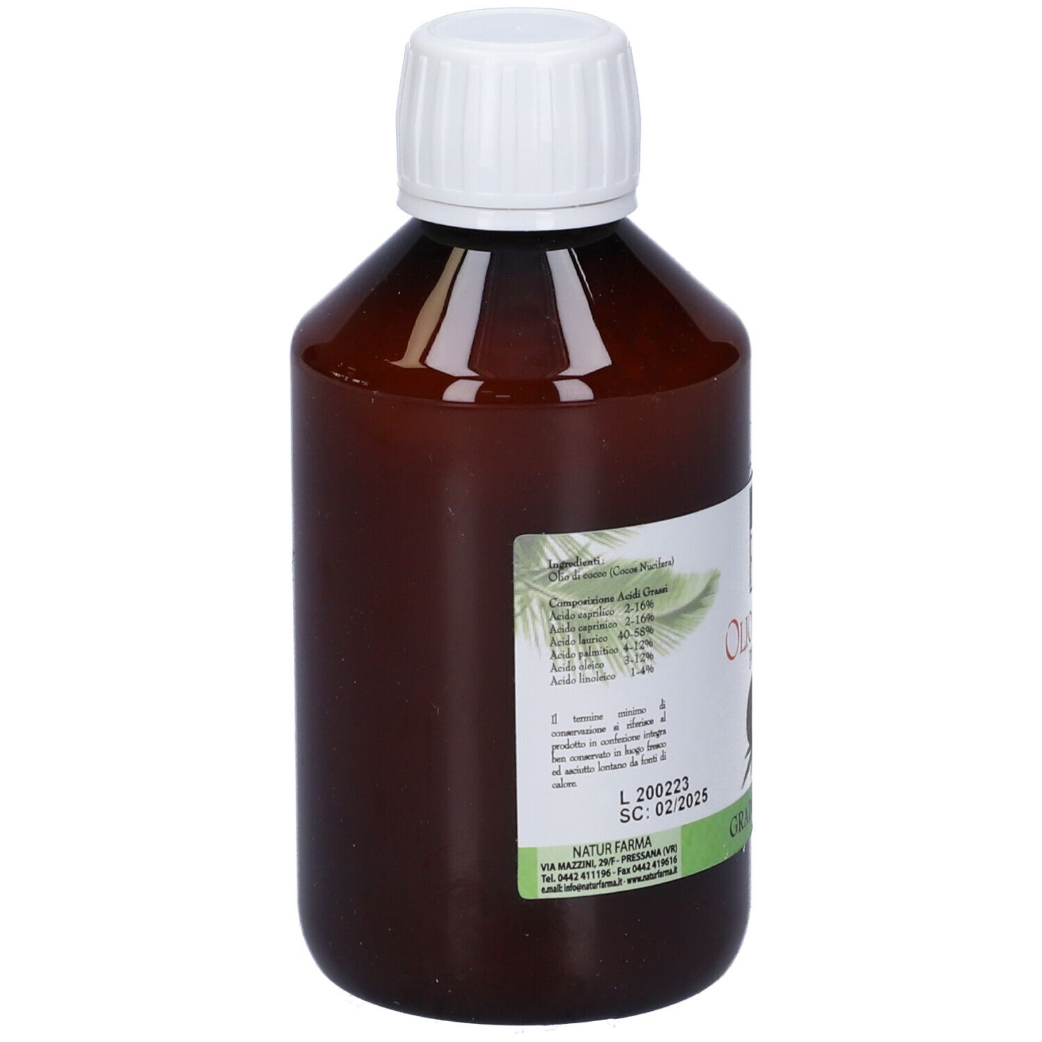 Bottiglia marrone con tappo bianco. Etichetta con composizione e testo: Olio di Cocco, purissimo, Grado Alimentare.