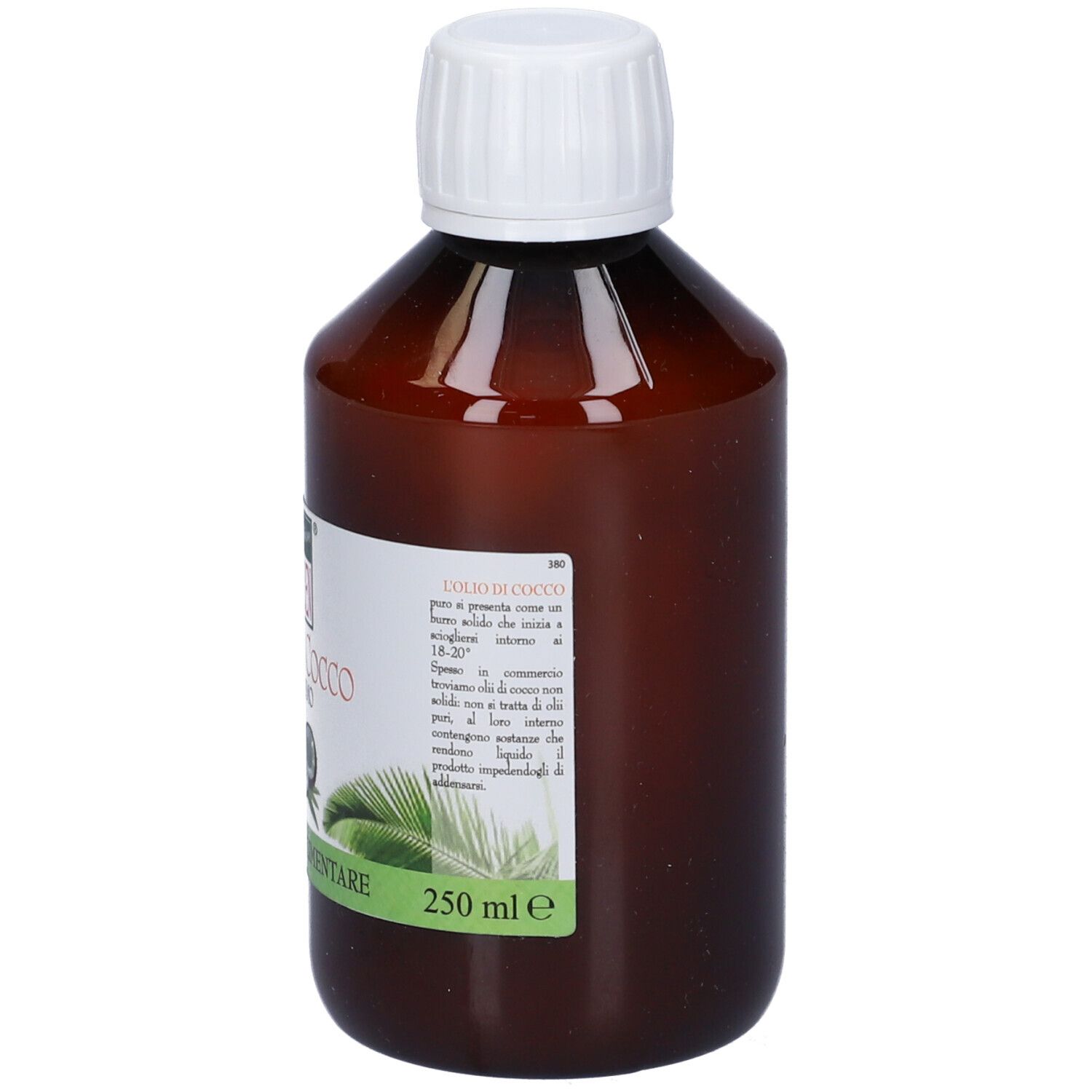 Bottiglia marrone con tappo bianco. Etichetta: Olio di Cocco, purissimo, Grado Alimentare. 250 ml.