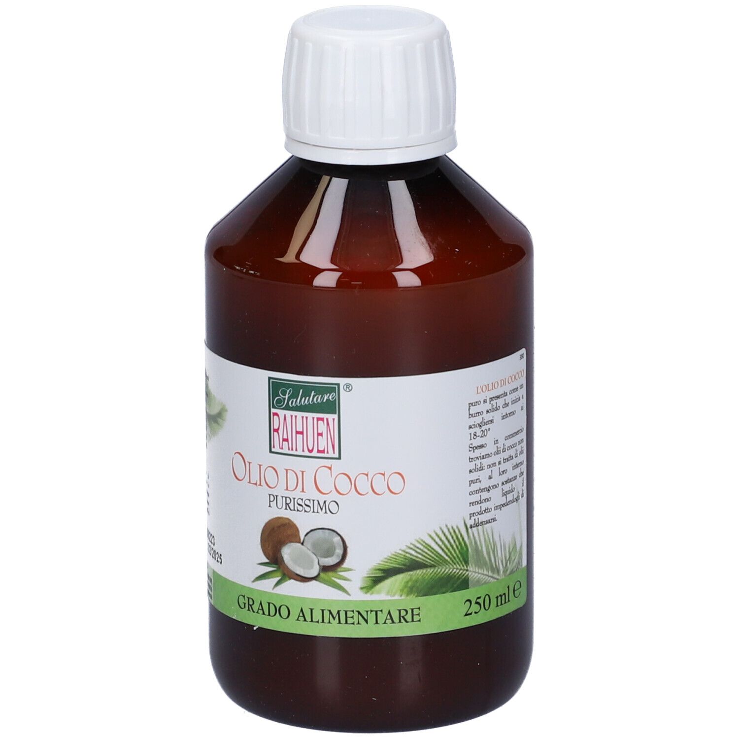Bottiglia marrone con tappo bianco. Etichetta: Olio di Cocco, purissimo, Grado Alimentare. 250 ml.