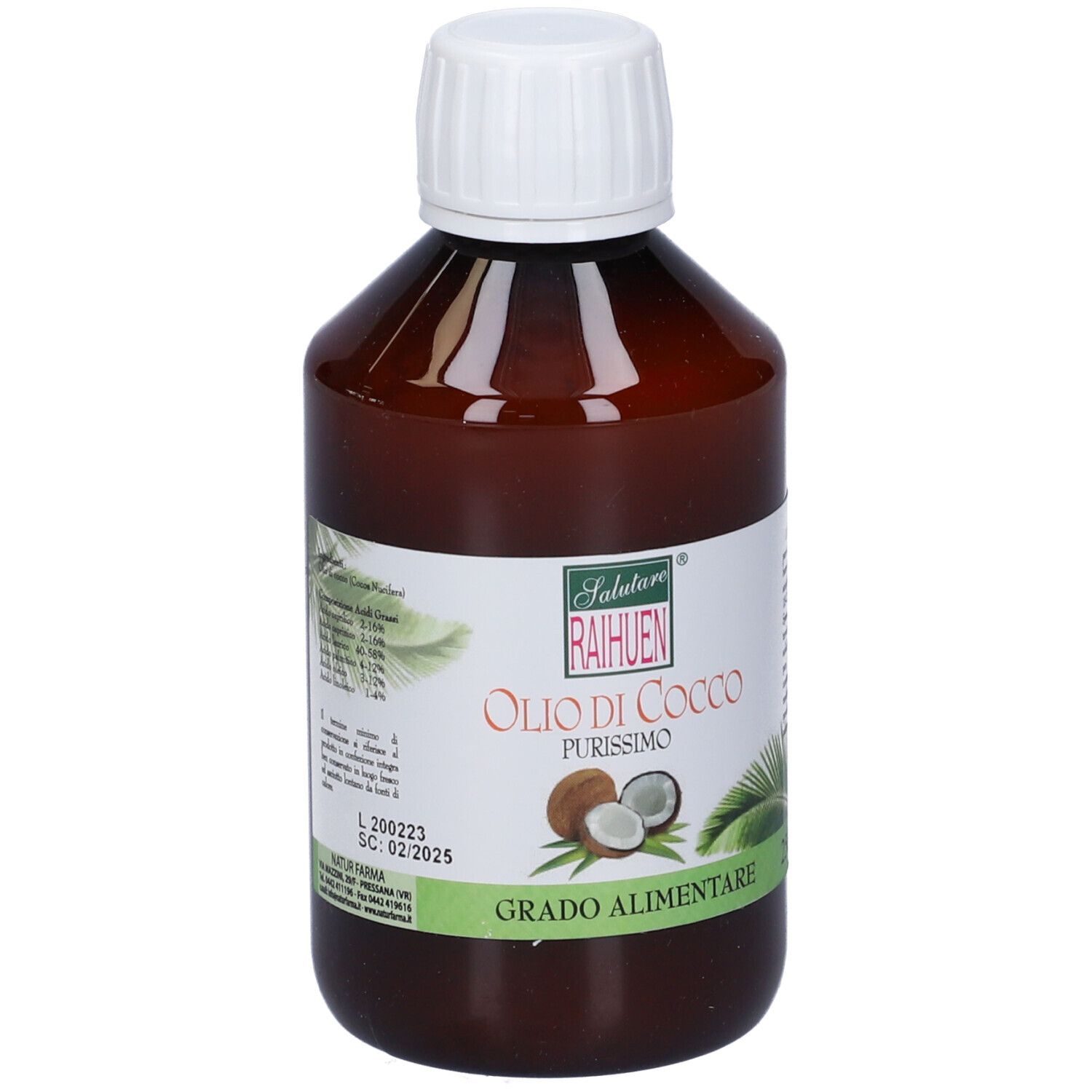 Bottiglia marrone con tappo bianco. Etichetta: Olio di Cocco, purissimo, Grado Alimentare.