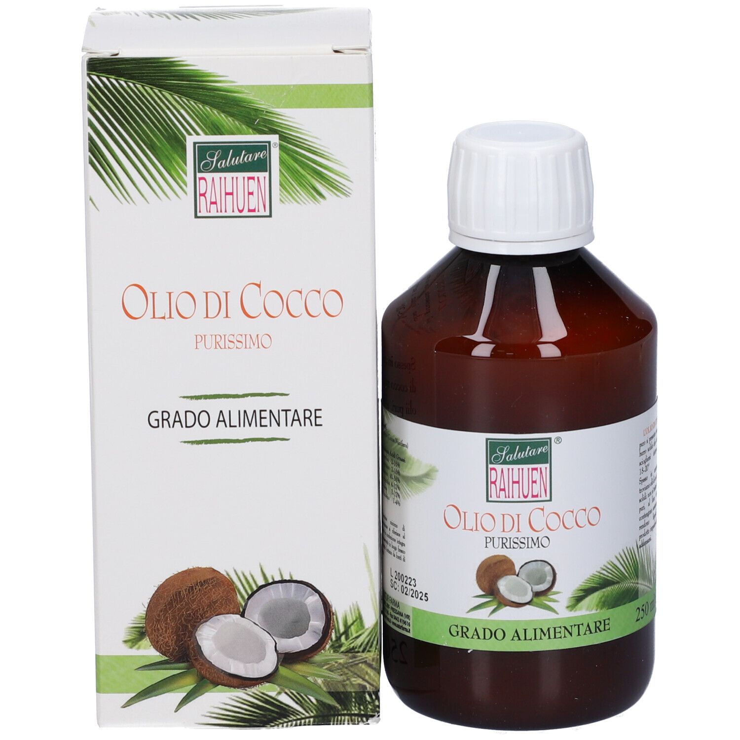 Bottiglia e scatola. Scatola con testo: Olio di Cocco, purissimo, Grado Alimentare. Illustrazione di cocco.