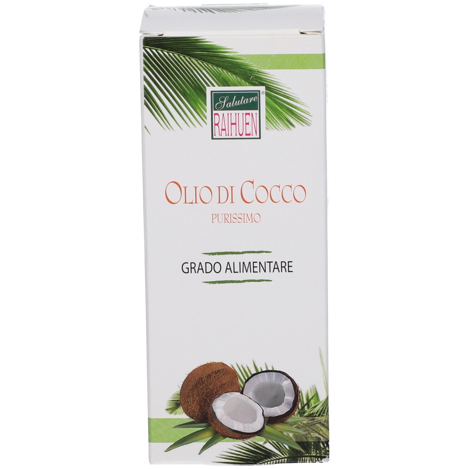 Scatola con testo: Olio di Cocco, purissimo, Grado Alimentare. Illustrazione di cocco.