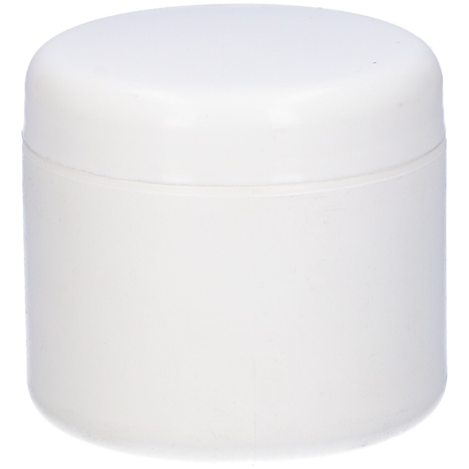 Vaso rotondo bianco con coperchio. Nessuna scritta visibile.