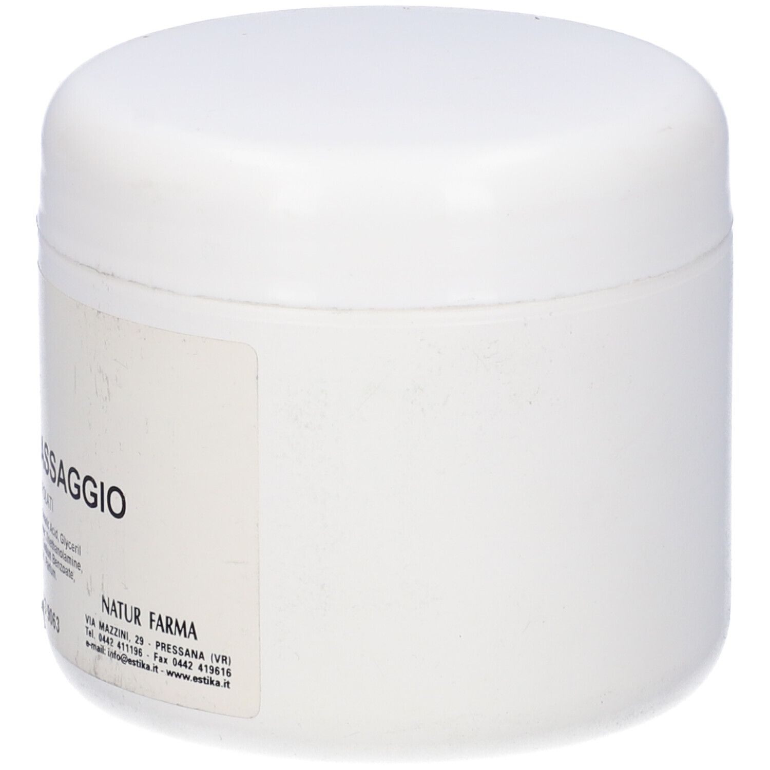 Vaso bianco con etichetta. Scritta: CREMA BASE PER MASSAGGIO. 500 ml.