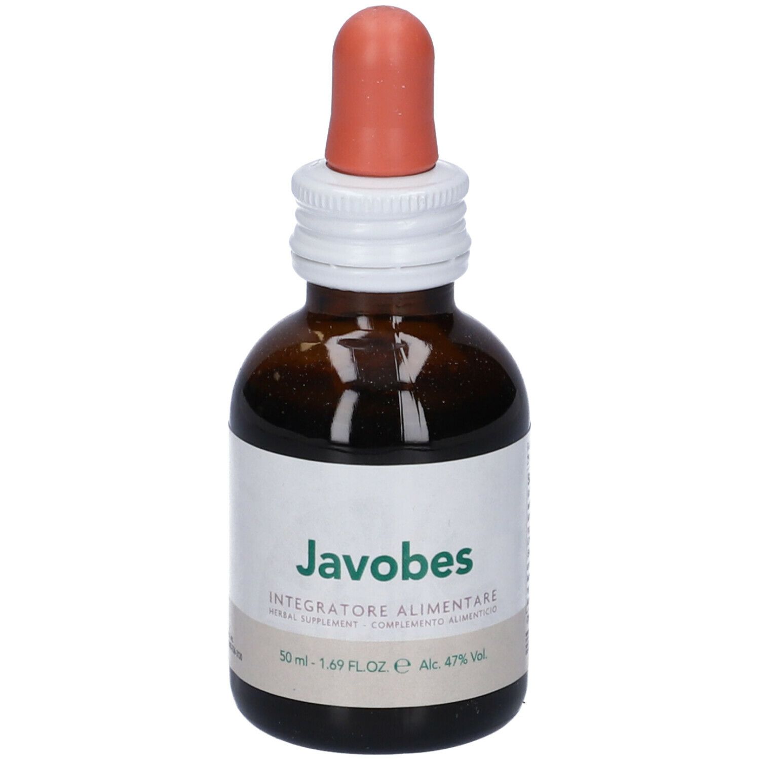 Flacone di vetro marrone con contagocce ed etichetta. Scritta: Javobes, Integratore Alimentare. 50 ml.