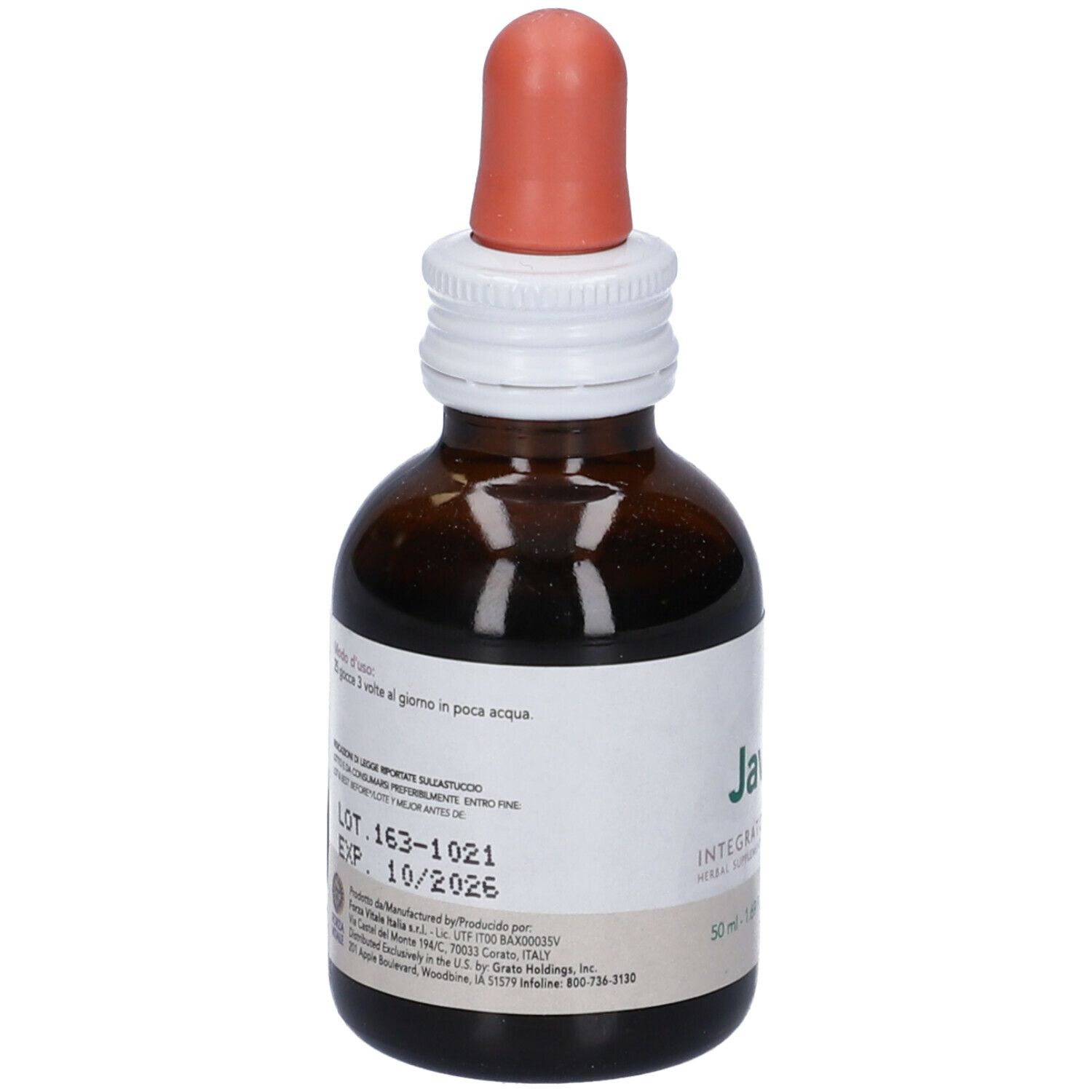 Flacone di vetro marrone con contagocce ed etichetta. Scritta: Javobes, Integratore Alimentare. Retro con testo.
