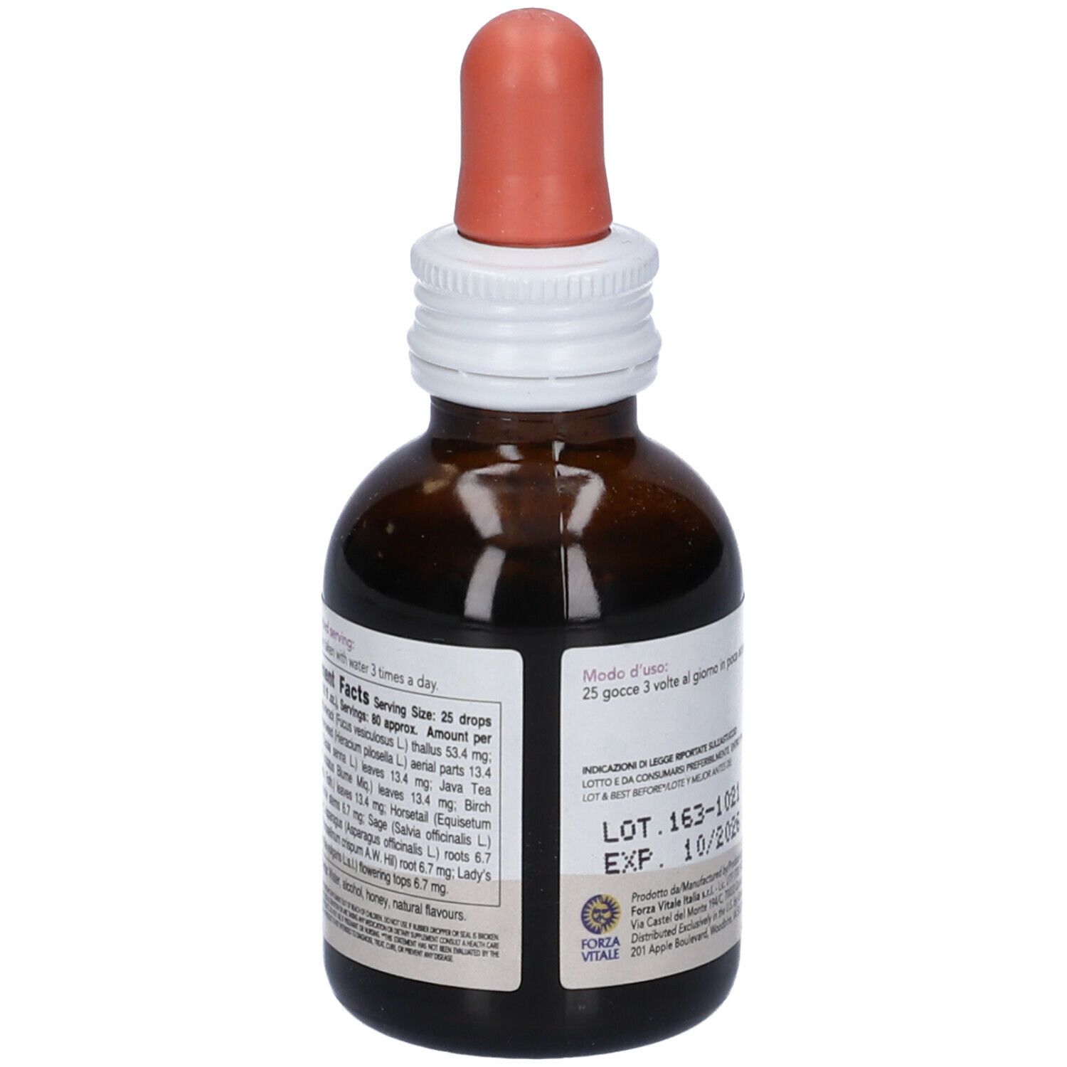 Flacone di vetro marrone con contagocce ed etichetta. Scritta: Javobes, Integratore Alimentare. Retro con testo.