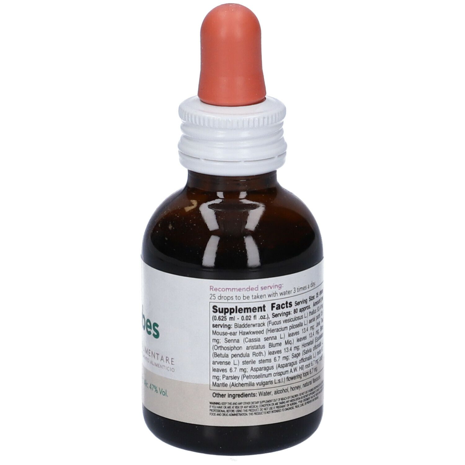 Flacone di vetro marrone con contagocce ed etichetta. Scritta: Javobes, Integratore Alimentare. Retro con testo.