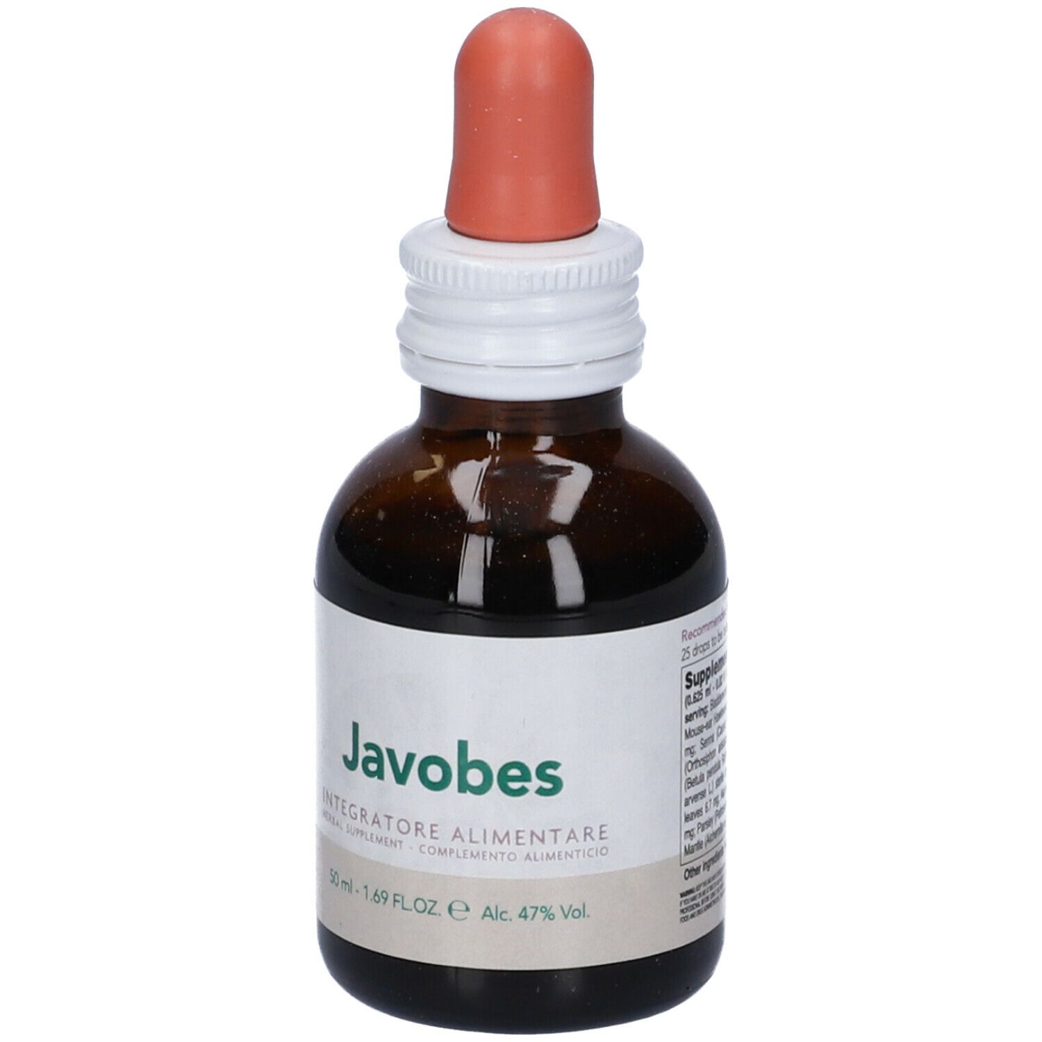 Flacone di vetro marrone con contagocce ed etichetta. Scritta: Javobes, Integratore Alimentare. Retro con testo.