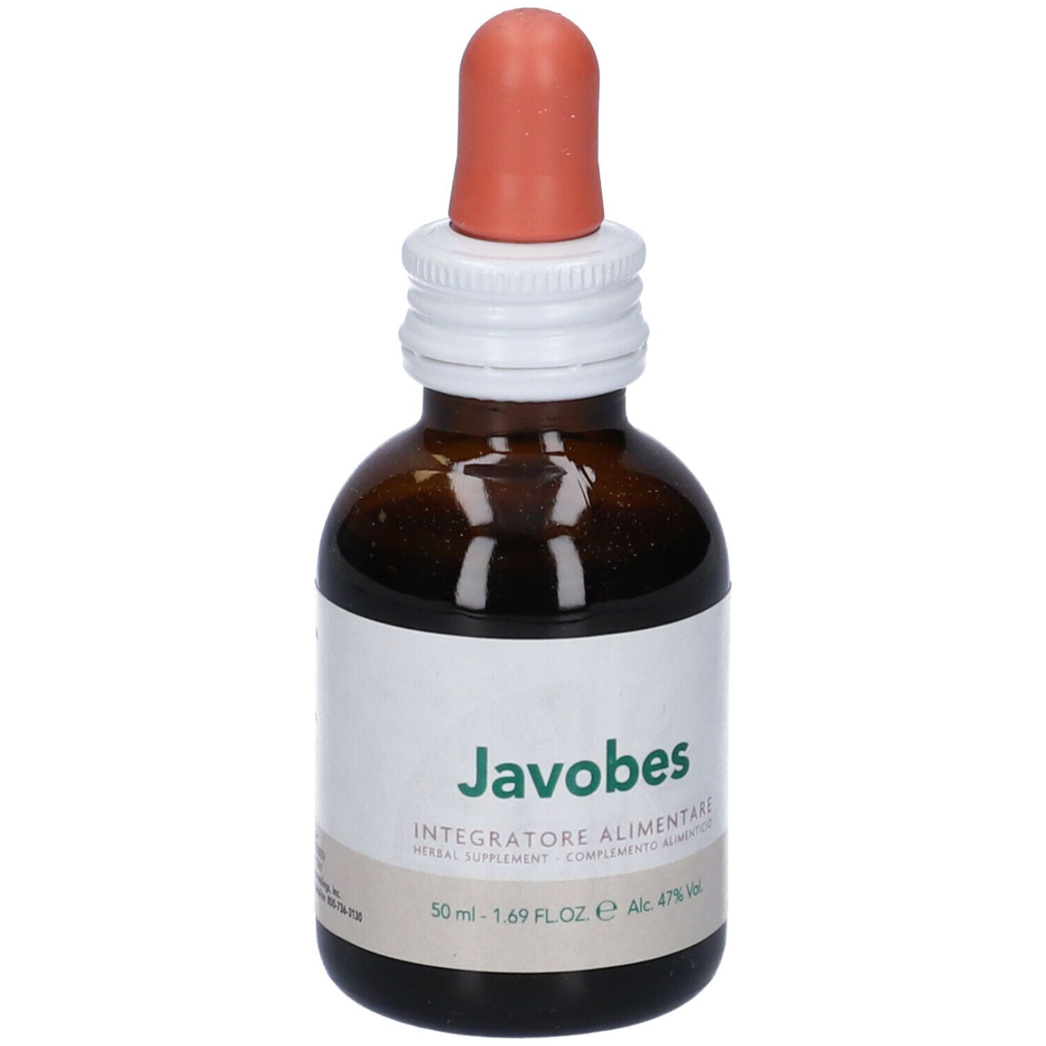 Flacone di vetro marrone con contagocce ed etichetta. Scritta: Javobes, Integratore Alimentare. 50 ml.