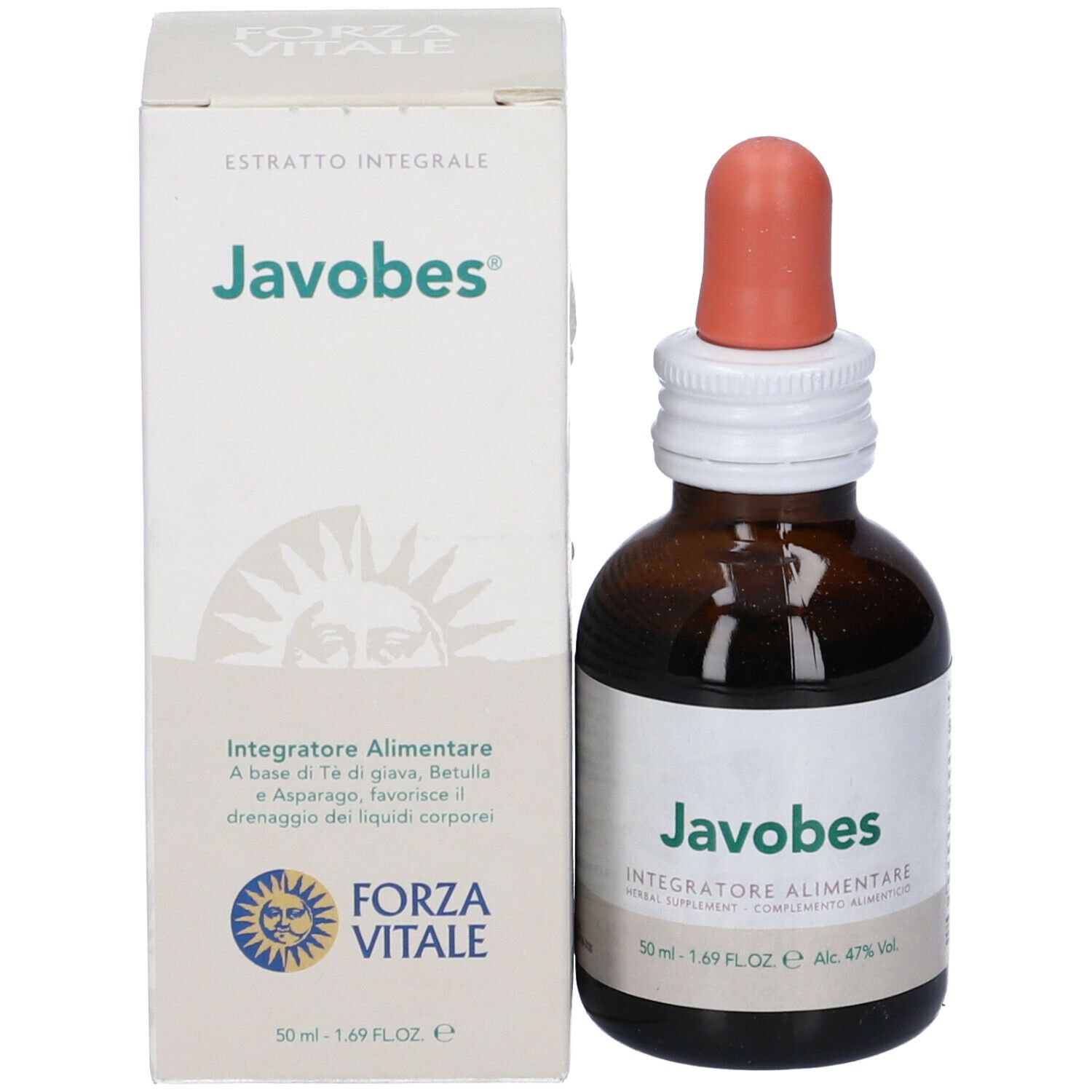 Flacone di vetro marrone con contagocce ed etichetta. Scritta: Javobes, Integratore Alimentare. Con confezione.